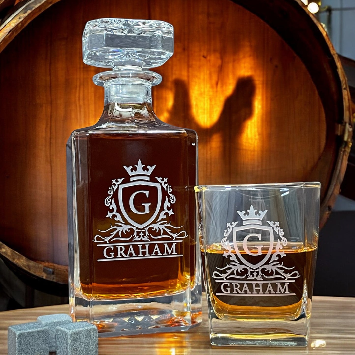 Monogrammed Whiskey Decanter Set β Custom Engraved Bourbon Glass Gift for Him, Groomsmen, or Home Bar