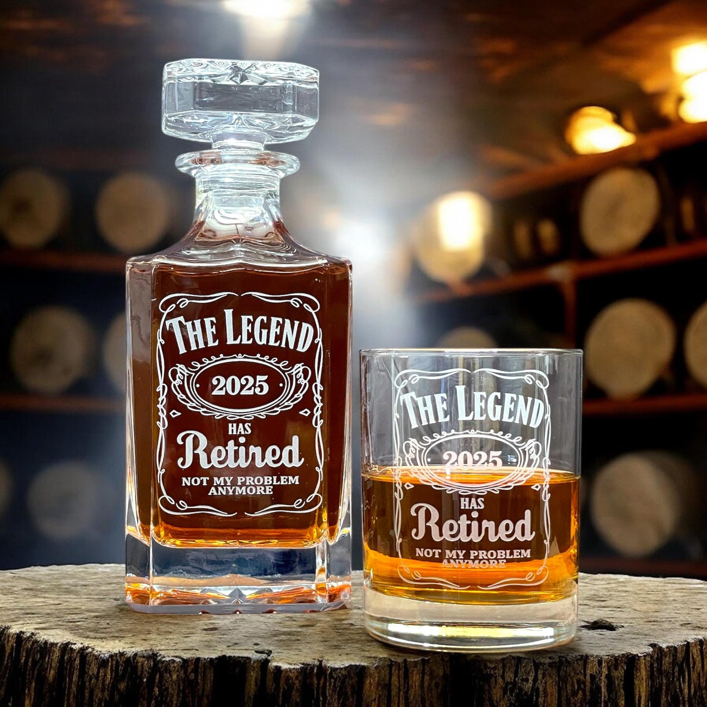 The Legend Has Retired Engraved Decanter Set – 3pc Whiskey Gift for Retirement, Etched Glass Barware Keepsake