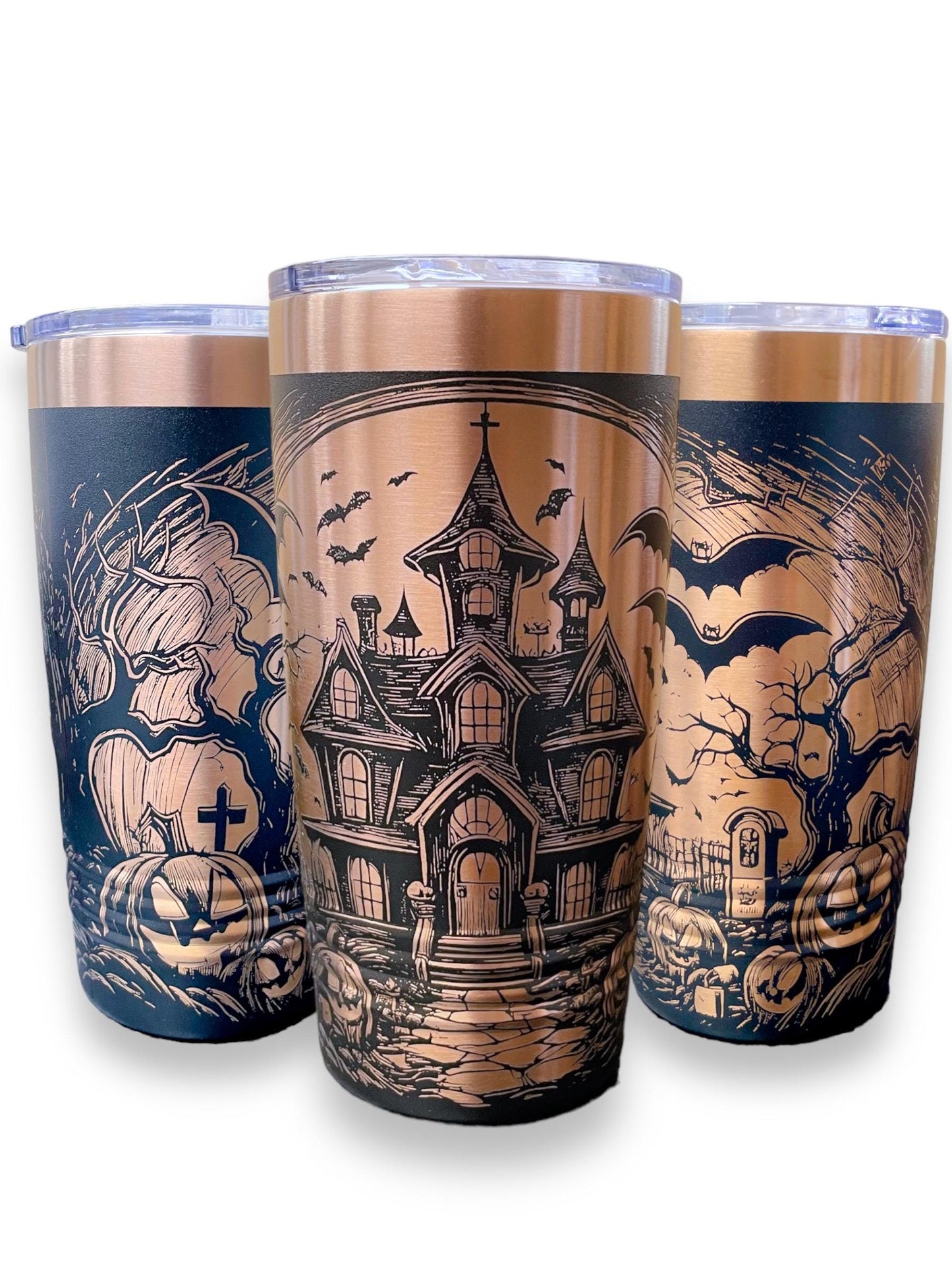 Spooky Halloween Haunted House Themed Tumbler / White or Black & Rose Gold 20oz. Etched Tumbler / Laser Engraved / Halloween Gift