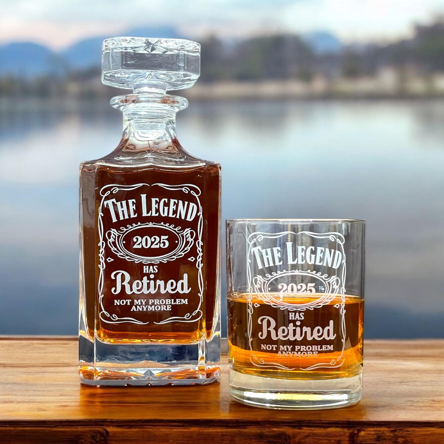The Legend Has Retired Engraved Decanter Set – 3pc Whiskey Gift for Retirement, Etched Glass Barware Keepsake