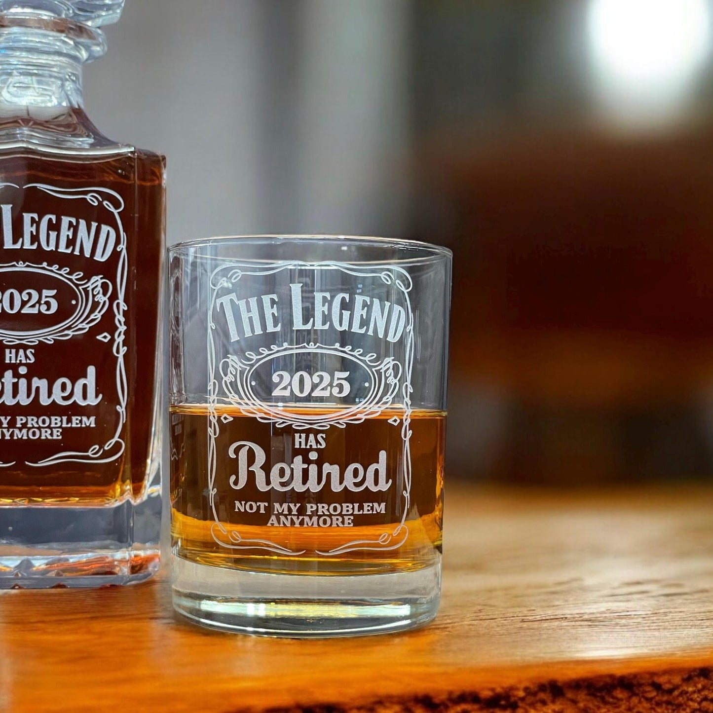 The Legend Has Retired Engraved Decanter Set – 3pc Whiskey Gift for Retirement, Etched Glass Barware Keepsake