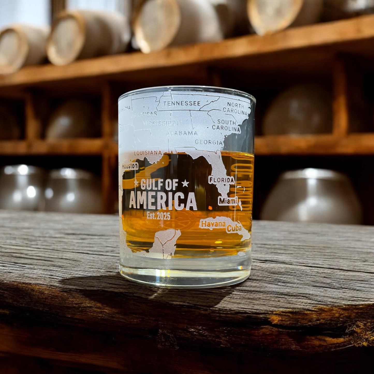 Gulf of America 360 Engraved Whiskey Glass β Hand Sandblasted Map Tumbler for Bourbon, Scotch, Coastal Gift for Sailors & Ocean Lovers