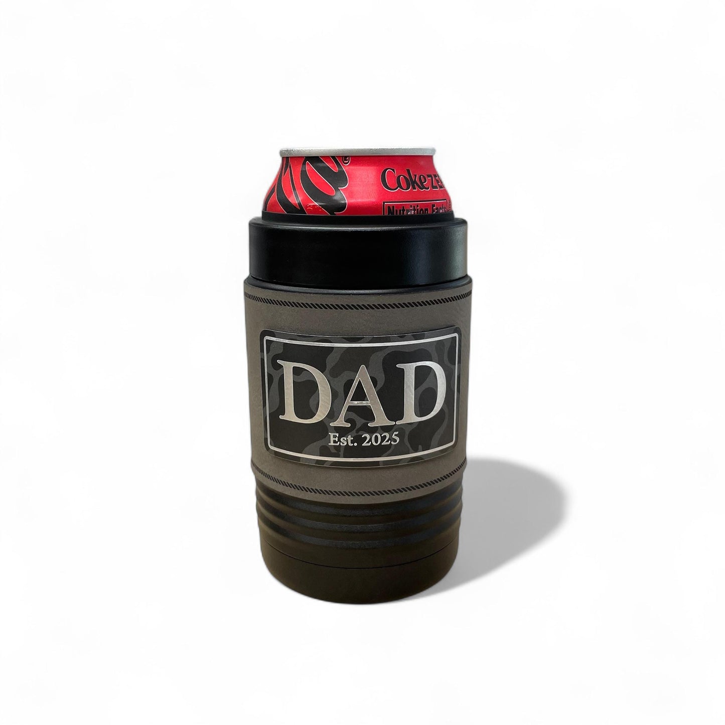 Dad Beer Can Cooler – New Dad Gift – Father's Day Gift – Camo Patch – Insulated Stainless Steel with Leatherette Wrap