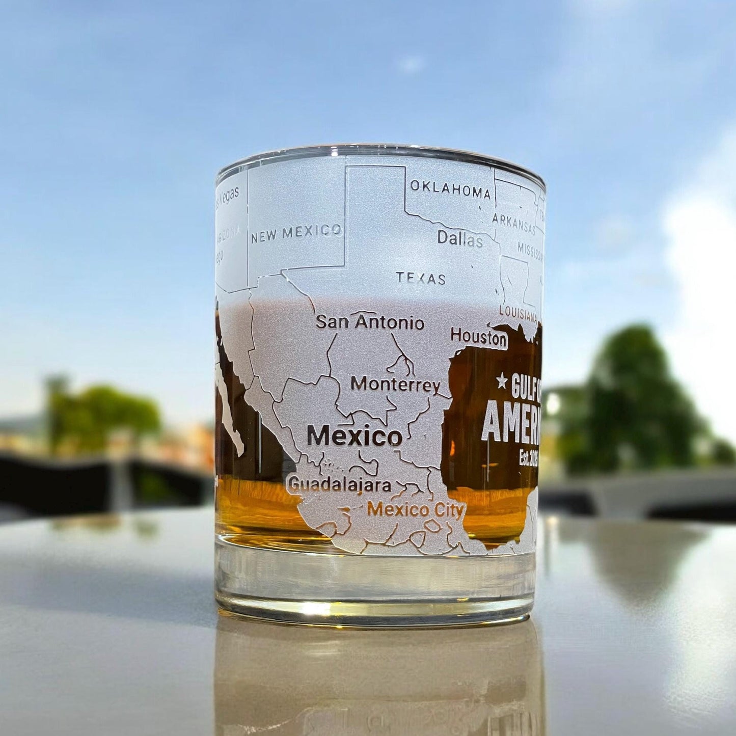 Gulf of America 360 Engraved Whiskey Glass β Hand Sandblasted Map Tumbler for Bourbon, Scotch, Coastal Gift for Sailors & Ocean Lovers