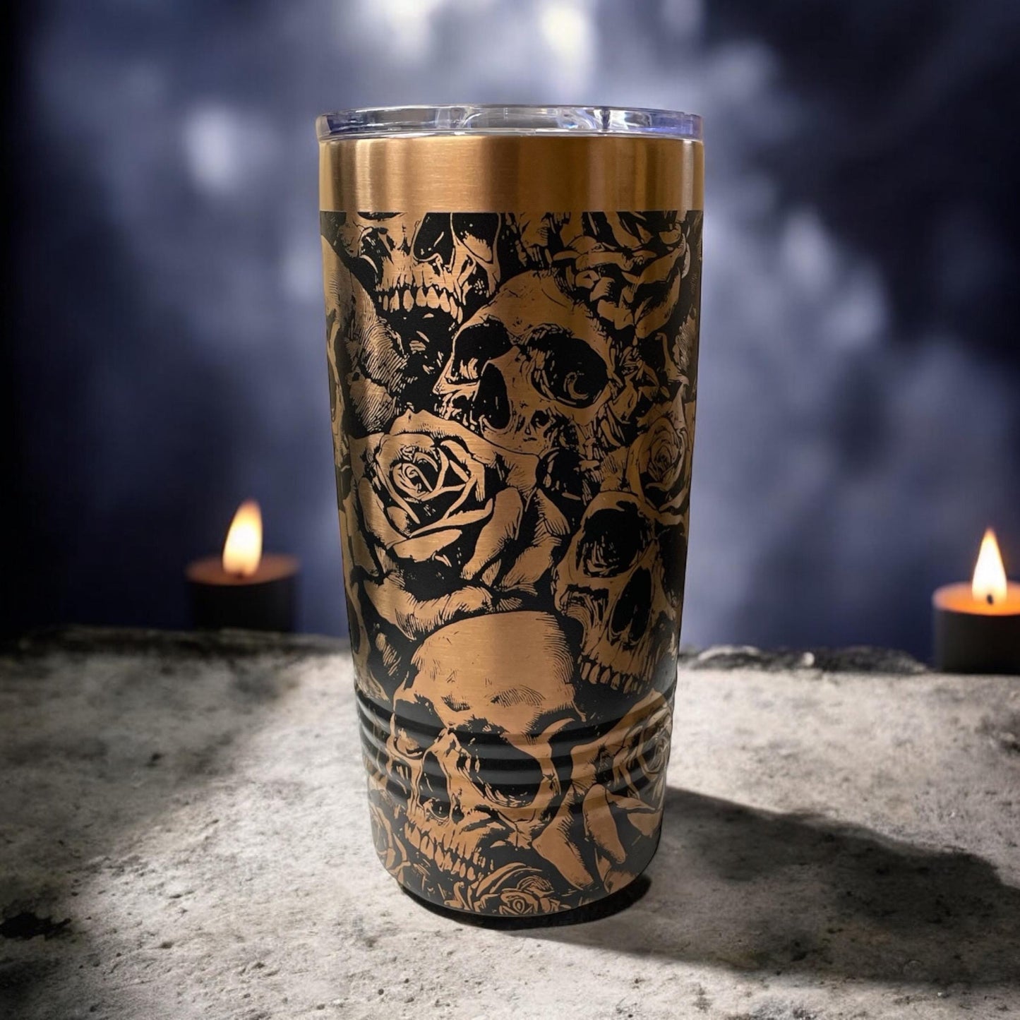 Skulls and Roses Tumbler / White or Black & Rose Gold 20oz. Etched Tumbler / Laser Engraved / Halloween Gift | Valentine's Day Gift