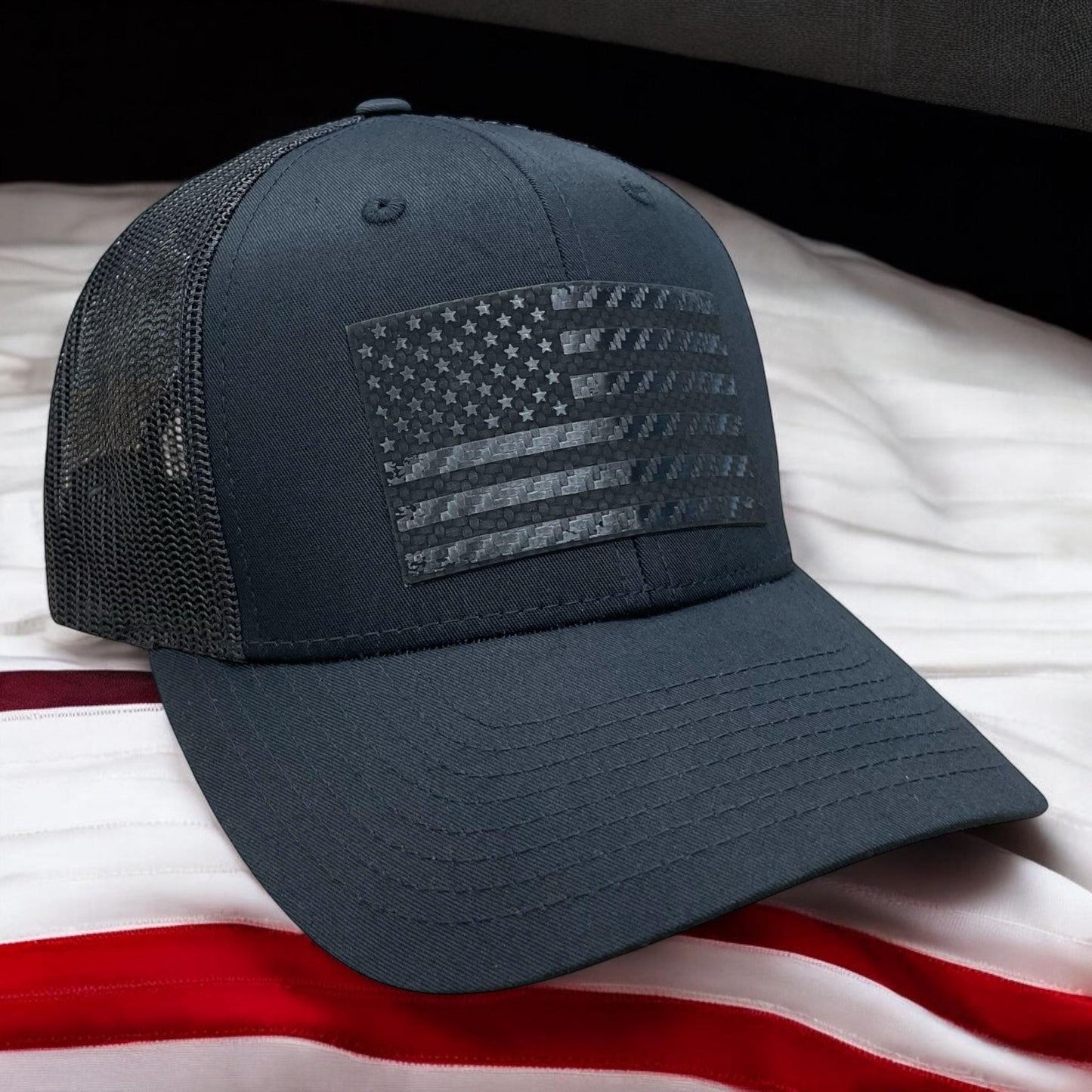 American Flag Blacked Out Carbon Fiber Trucker Hat / Patriotic Trucker Cap / YP Classics 6 Panel / Patch Trucker Hat / Father's Day Gift