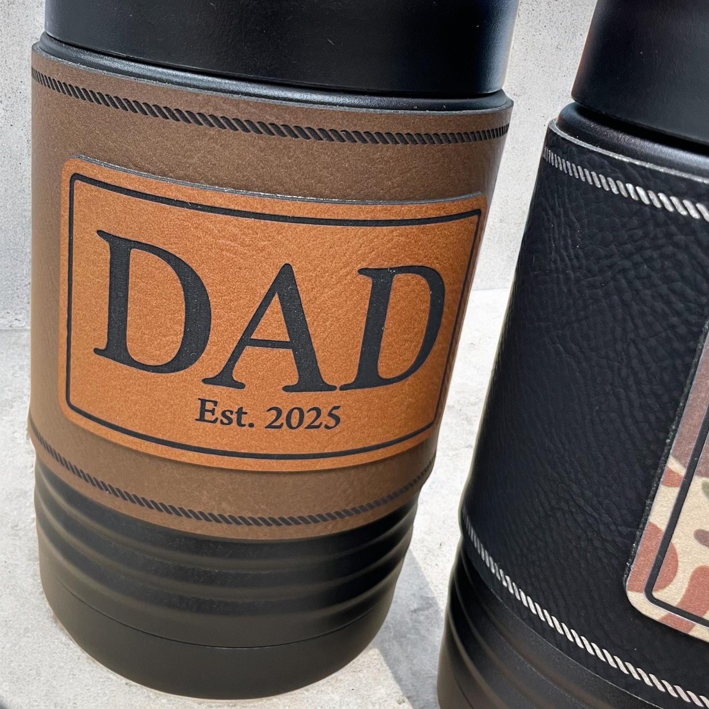 Dad Beer Can Cooler – New Dad Gift – Father's Day Gift – Camo Patch – Insulated Stainless Steel with Leatherette Wrap