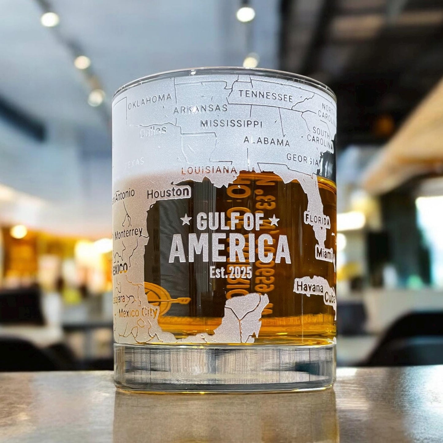 Gulf of America 360 Engraved Whiskey Glass β Hand Sandblasted Map Tumbler for Bourbon, Scotch, Coastal Gift for Sailors & Ocean Lovers