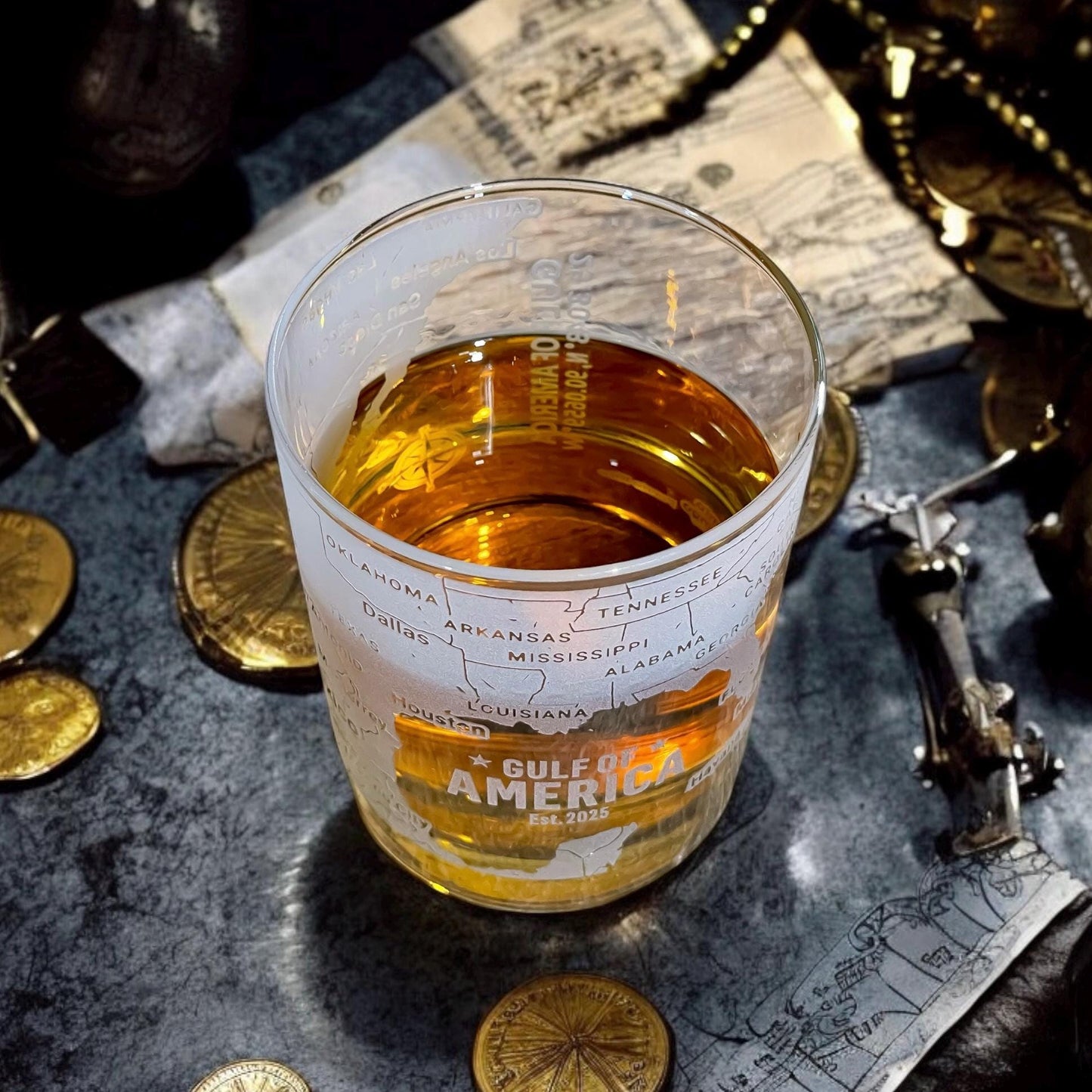 Gulf of America 360 Engraved Whiskey Glass β Hand Sandblasted Map Tumbler for Bourbon, Scotch, Coastal Gift for Sailors & Ocean Lovers