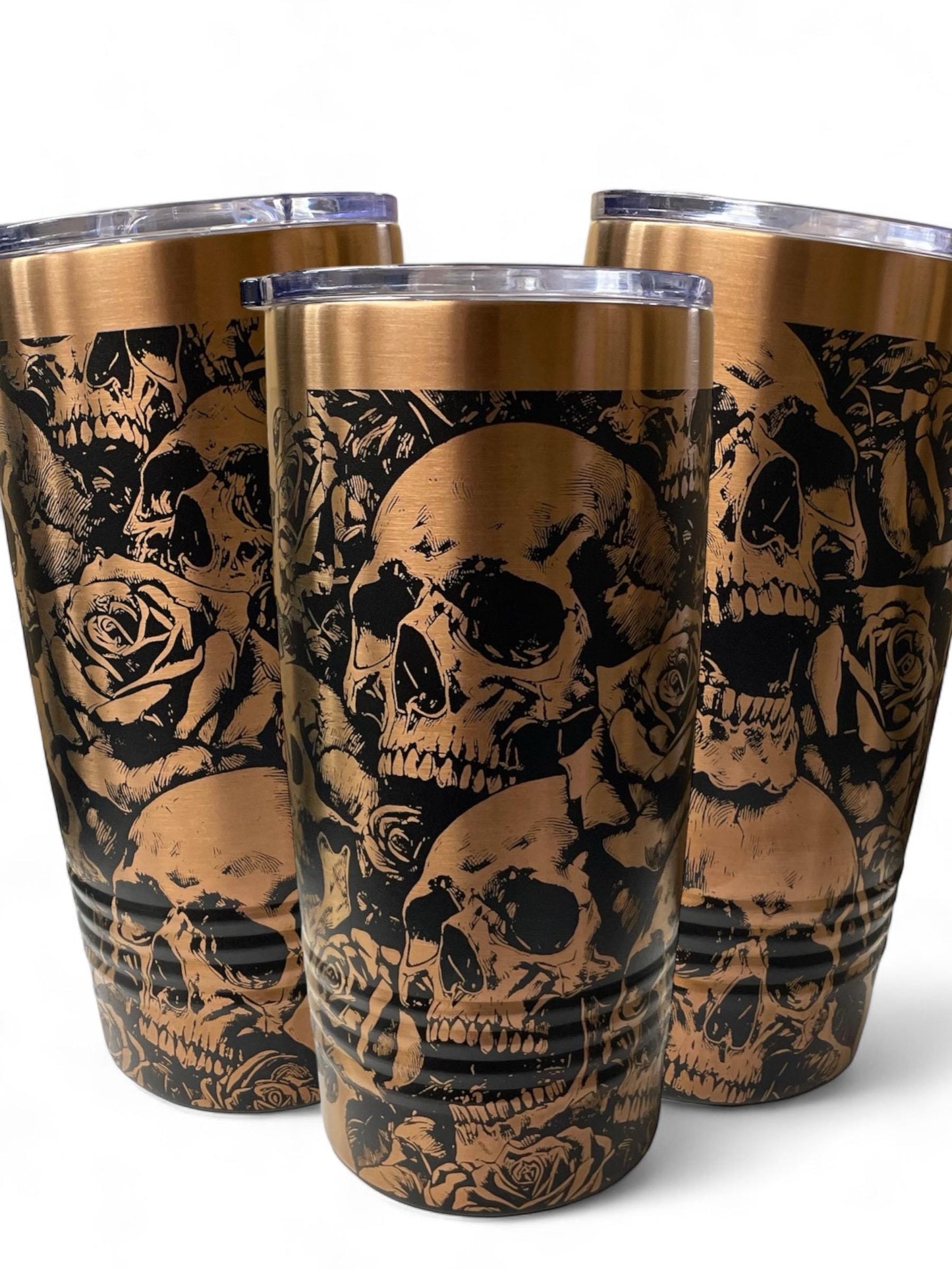 Skulls and Roses Tumbler / White or Black & Rose Gold 20oz. Etched Tumbler / Laser Engraved / Halloween Gift | Valentine's Day Gift