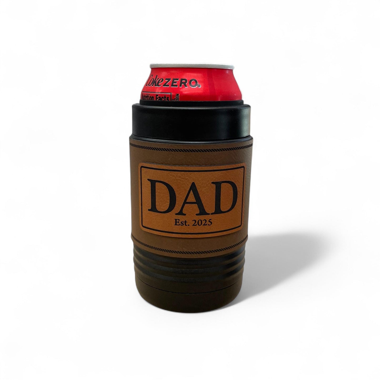Dad Beer Can Cooler – New Dad Gift – Father's Day Gift – Camo Patch – Insulated Stainless Steel with Leatherette Wrap