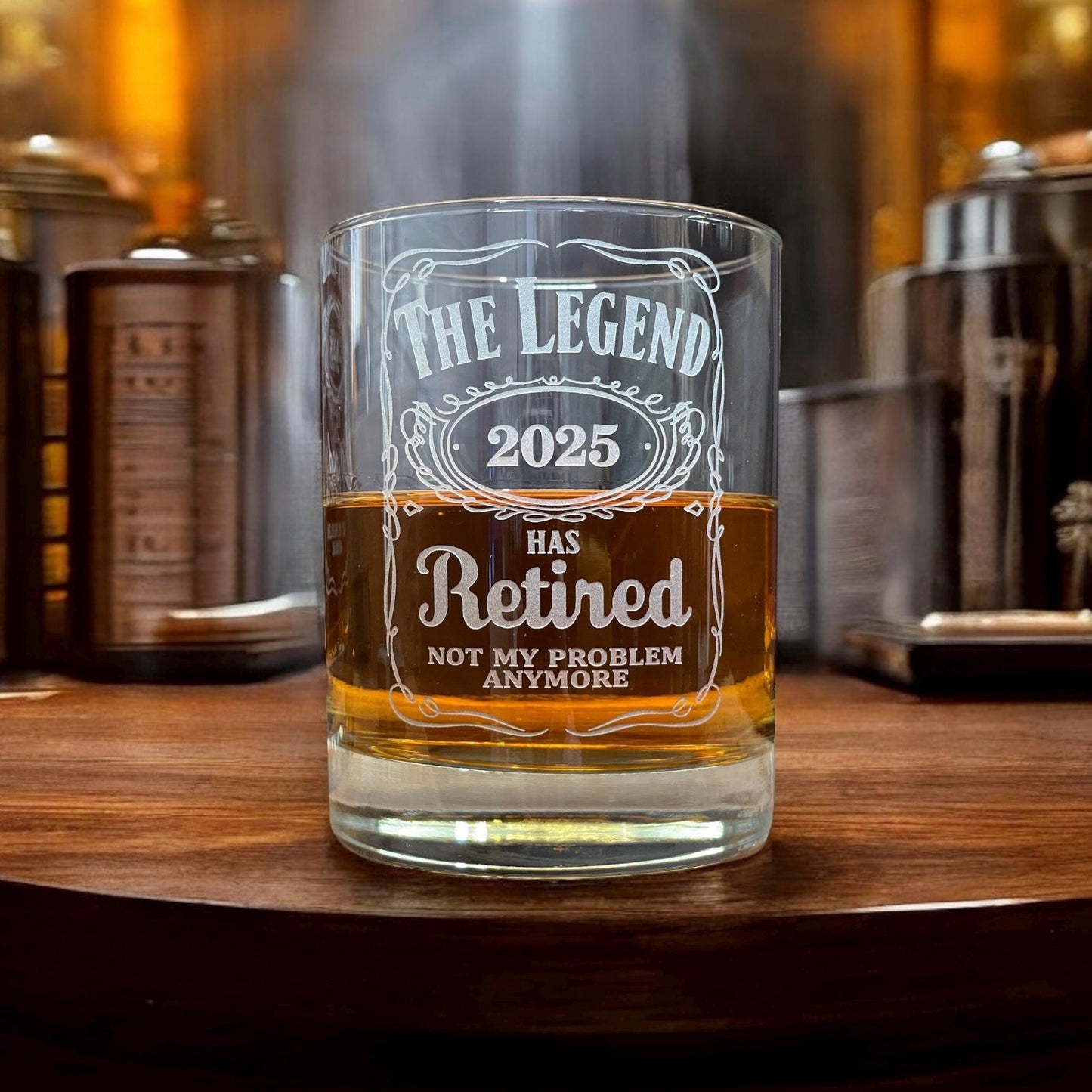 The Legend Has Retired Engraved Decanter Set – 3pc Whiskey Gift for Retirement, Etched Glass Barware Keepsake