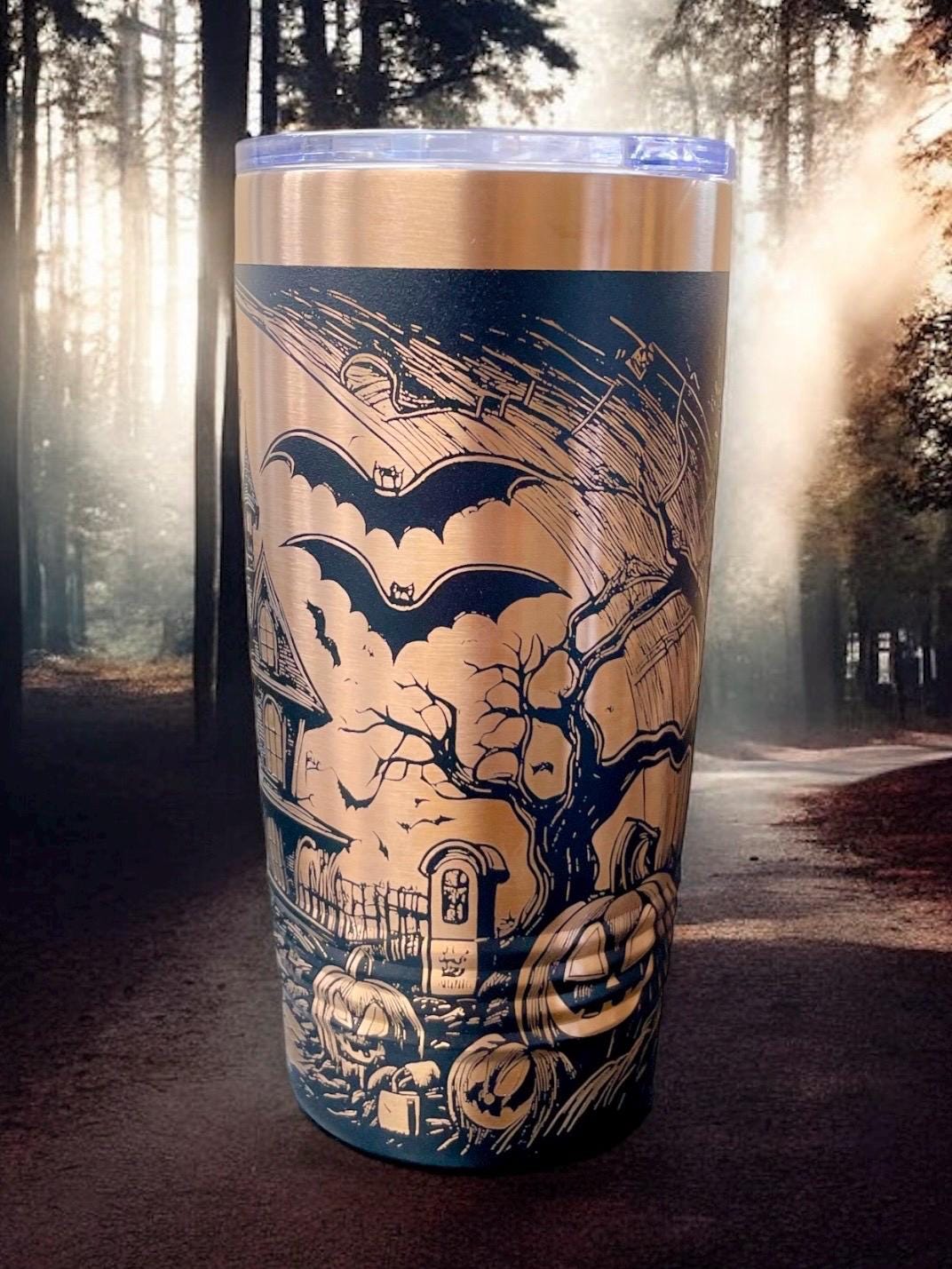 Spooky Halloween Haunted House Themed Tumbler / White or Black & Rose Gold 20oz. Etched Tumbler / Laser Engraved / Halloween Gift