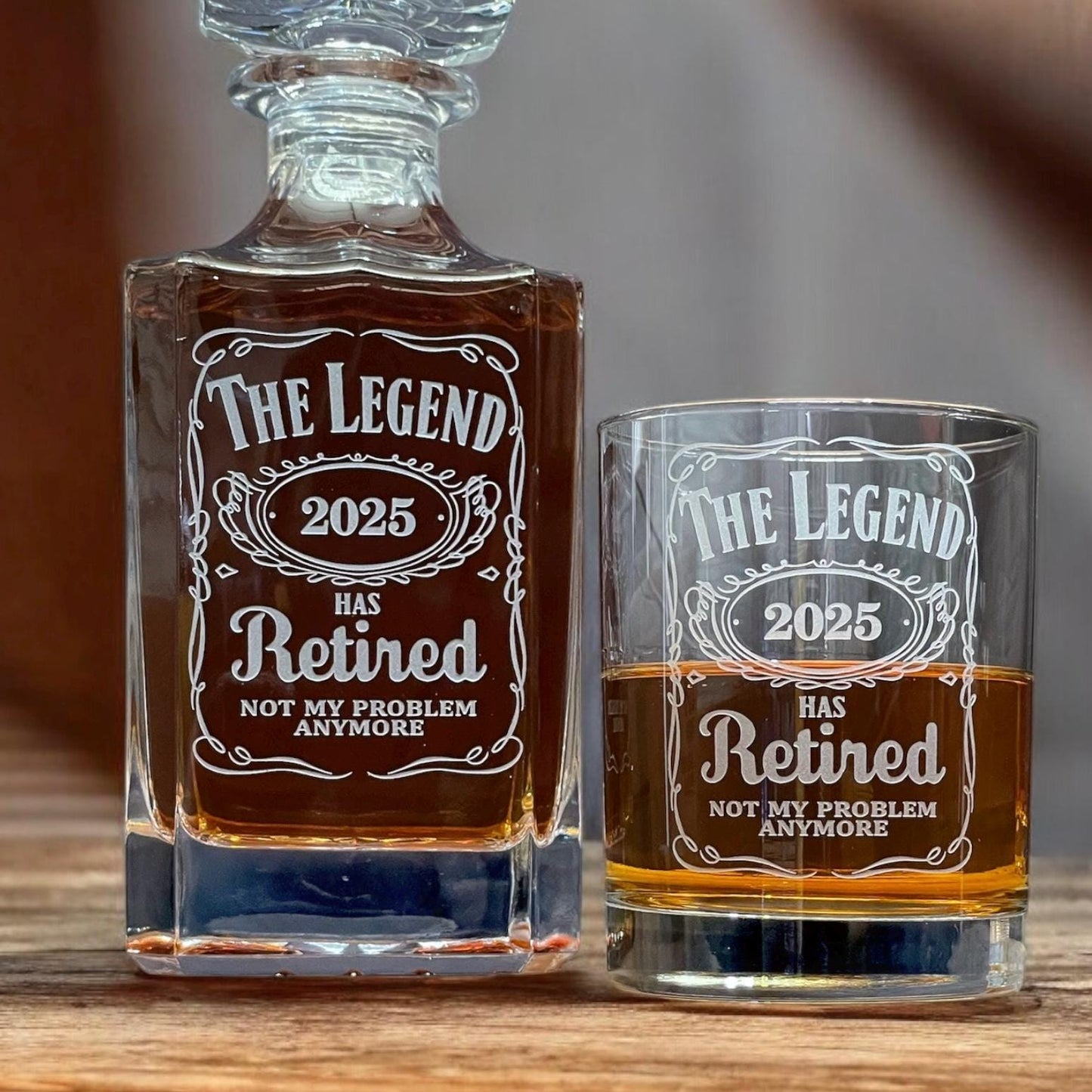 The Legend Has Retired Engraved Decanter Set – 3pc Whiskey Gift for Retirement, Etched Glass Barware Keepsake