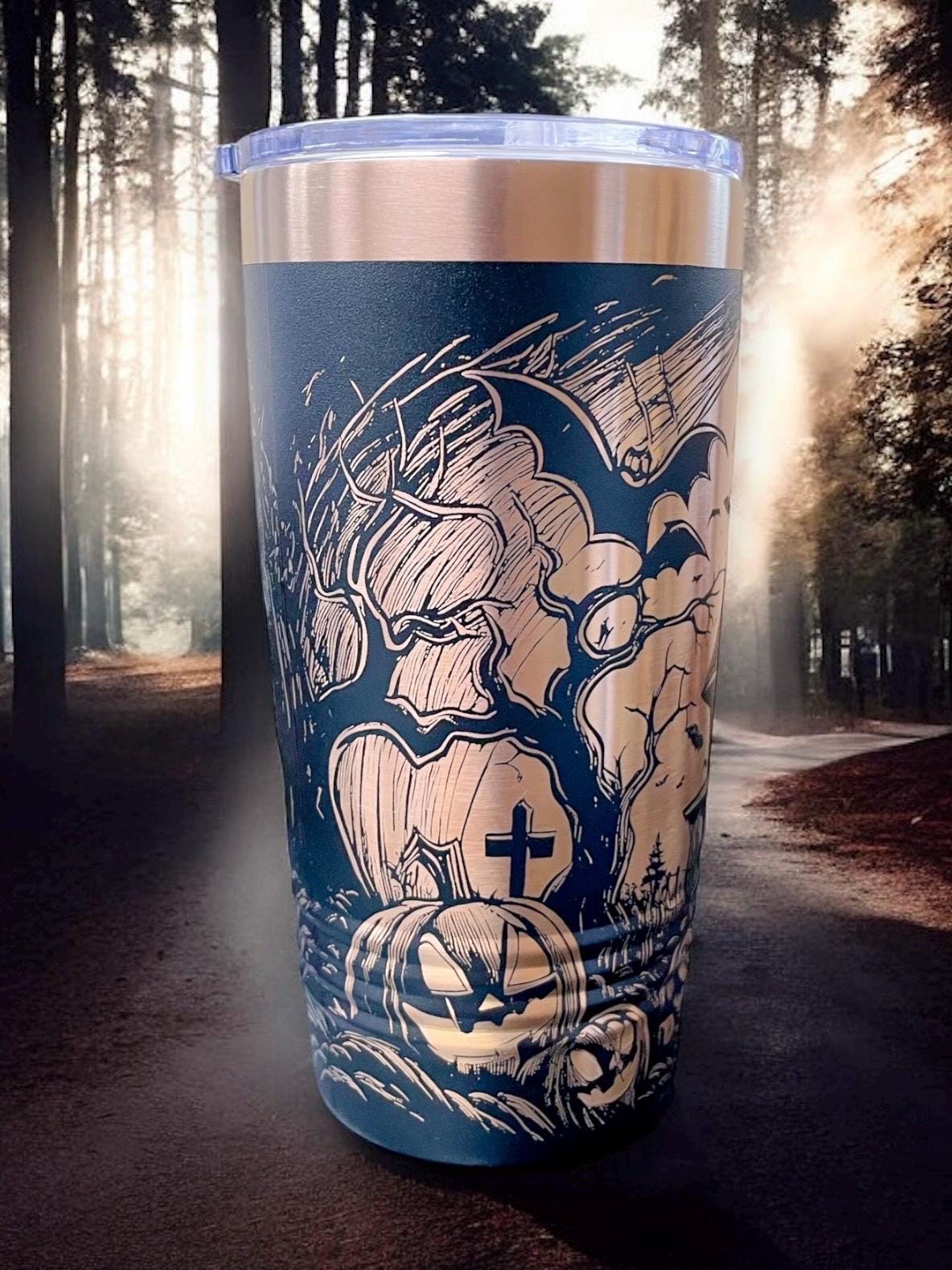 Spooky Halloween Haunted House Themed Tumbler / White or Black & Rose Gold 20oz. Etched Tumbler / Laser Engraved / Halloween Gift