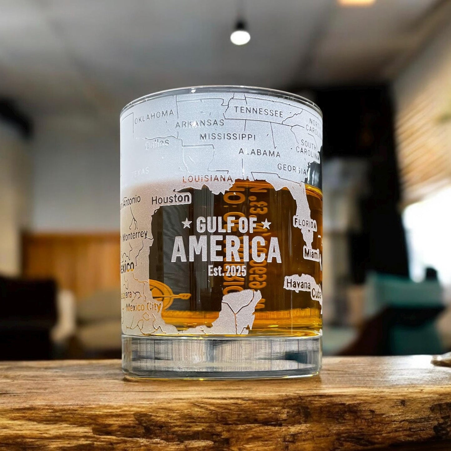 Gulf of America 360 Engraved Whiskey Glass β Hand Sandblasted Map Tumbler for Bourbon, Scotch, Coastal Gift for Sailors & Ocean Lovers