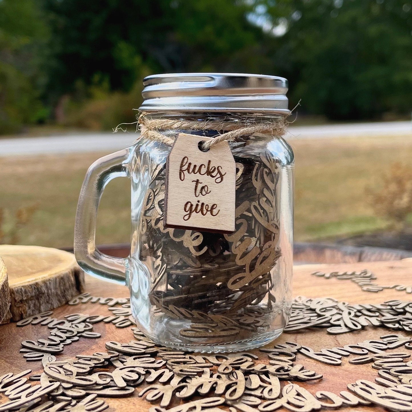 Jar of Fucks - 4.75oz Mason Jar - Funny Glass Jar - Etched Wooden Tag - Laser Cut Gag Gift - Gift for Her | Valentine's Day Gift