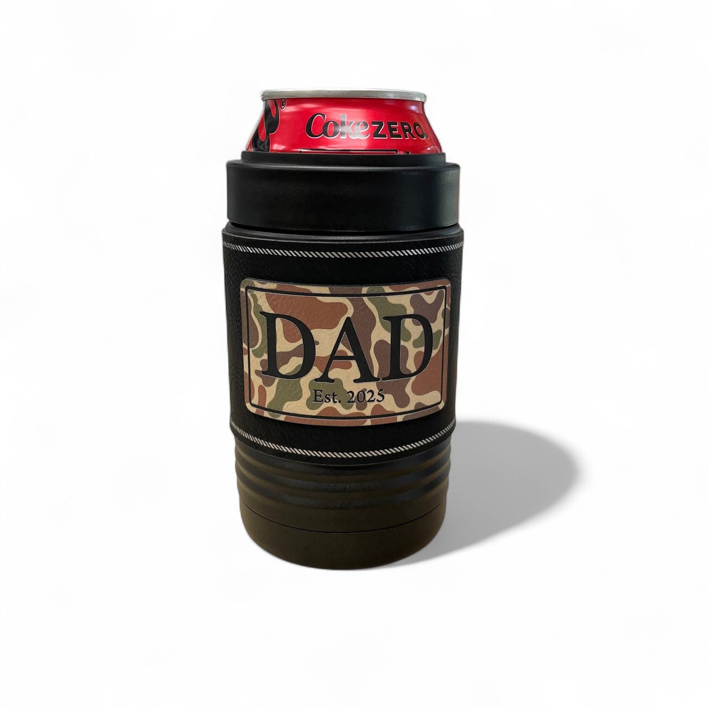 Dad Beer Can Cooler – New Dad Gift – Father's Day Gift – Camo Patch – Insulated Stainless Steel with Leatherette Wrap