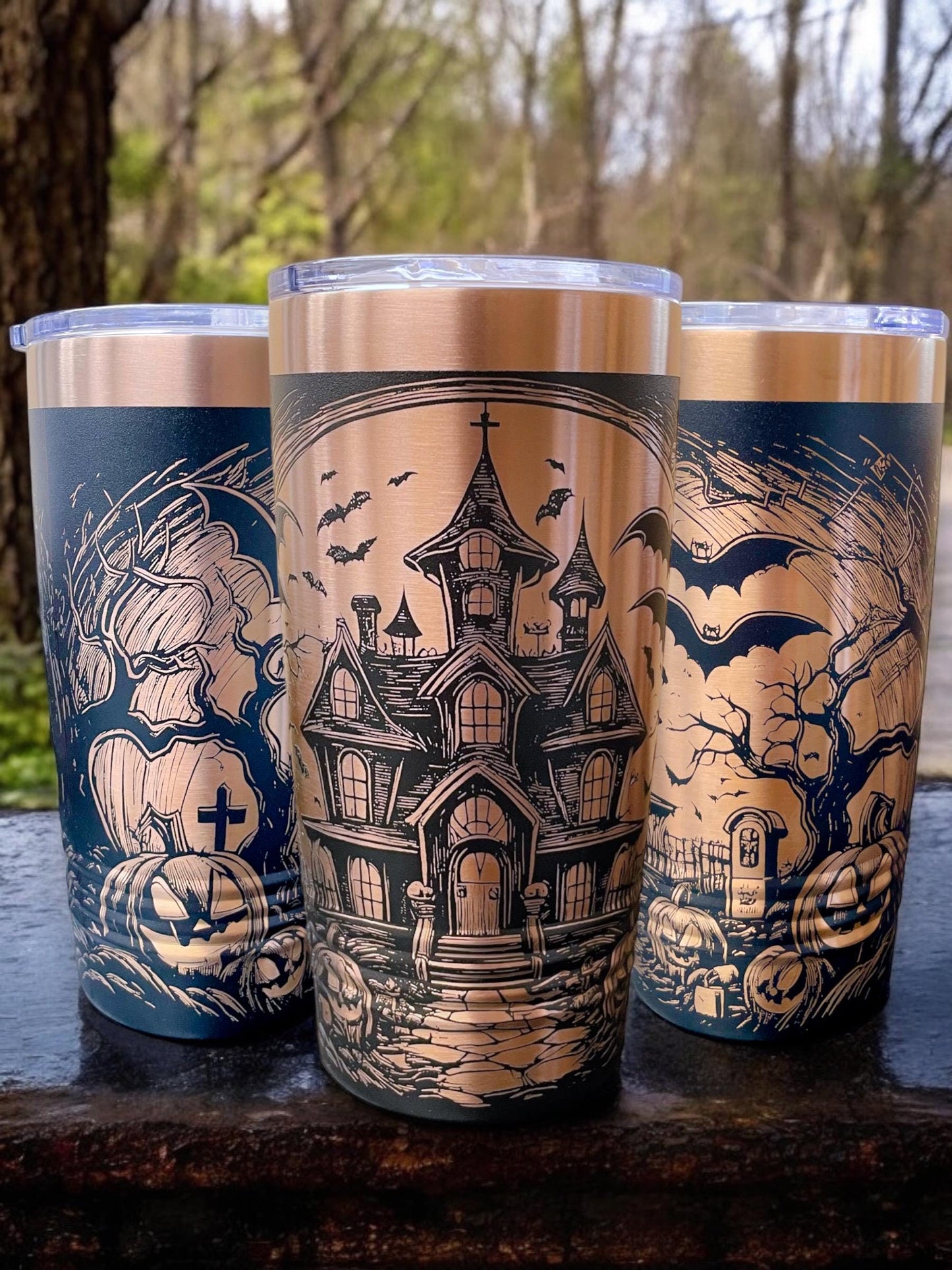 Spooky Halloween Haunted House Themed Tumbler / White or Black & Rose Gold 20oz. Etched Tumbler / Laser Engraved / Halloween Gift