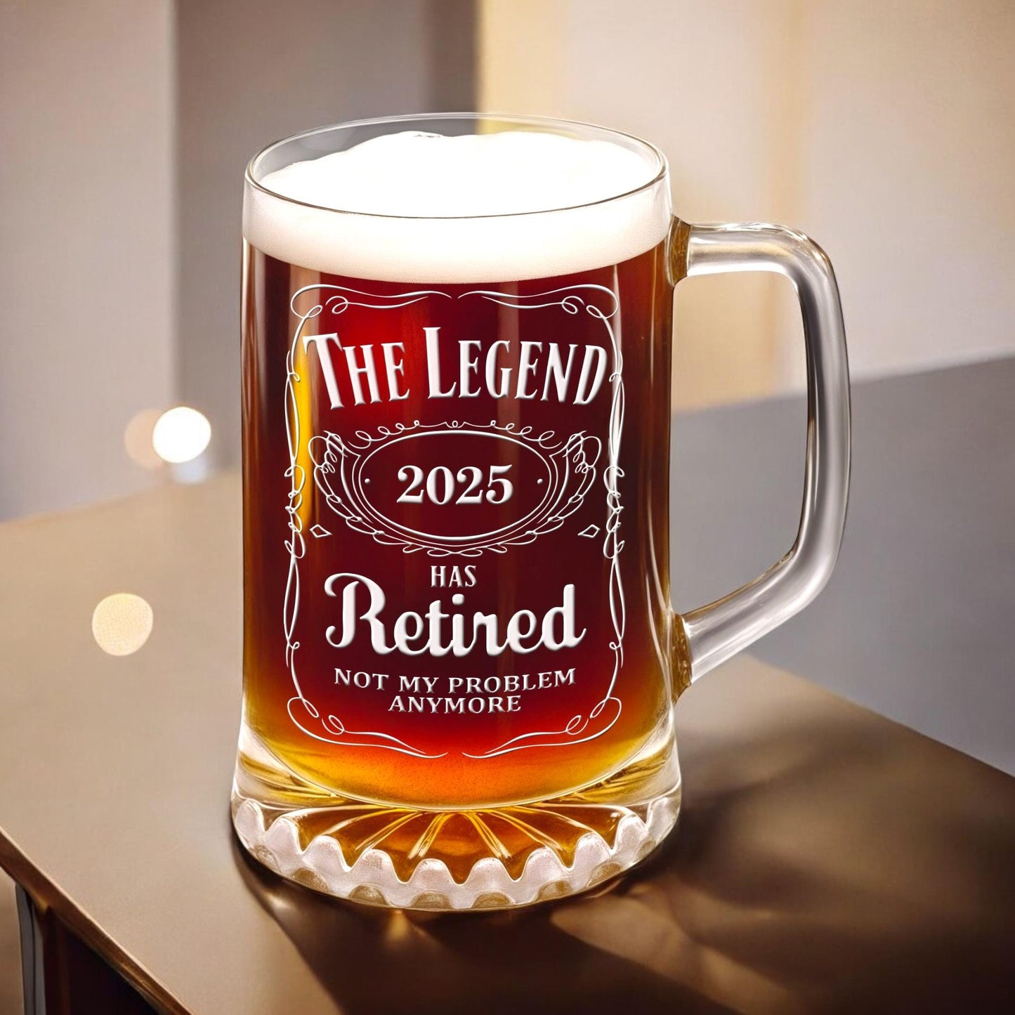 Retirement Beer Glass β The Legend Has Retired Engraved Beer Stein β Large 25oz Etched Glass Mug, Retirement Gift for Men & Women