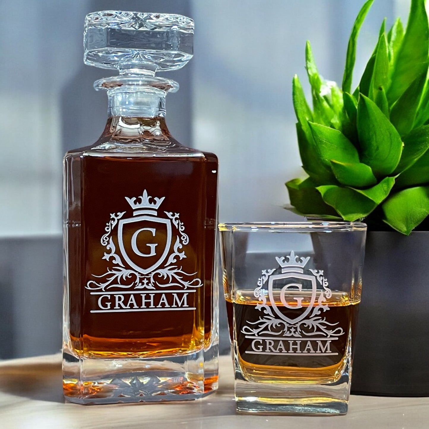 Monogrammed Whiskey Decanter Set β Custom Engraved Bourbon Glass Gift for Him, Groomsmen, or Home Bar