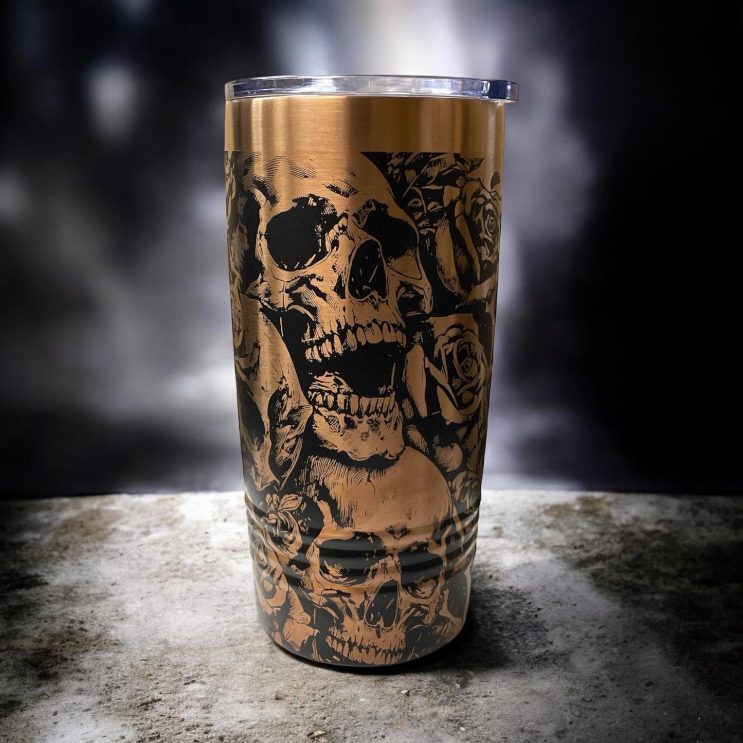 Skulls and Roses Tumbler / White or Black & Rose Gold 20oz. Etched Tumbler / Laser Engraved / Halloween Gift | Valentine's Day Gift