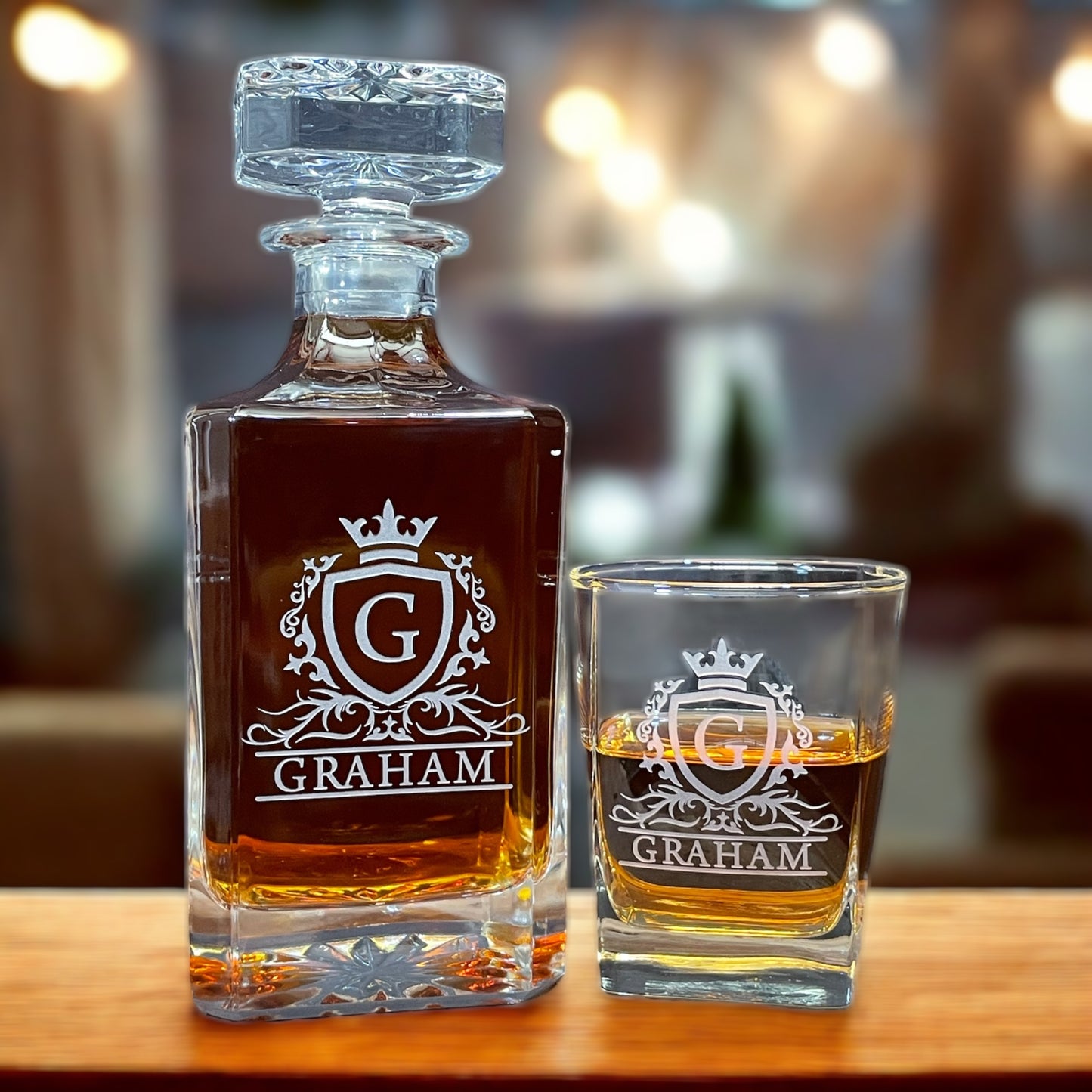 Monogrammed Whiskey Decanter Set β Custom Engraved Bourbon Glass Gift for Him, Groomsmen, or Home Bar