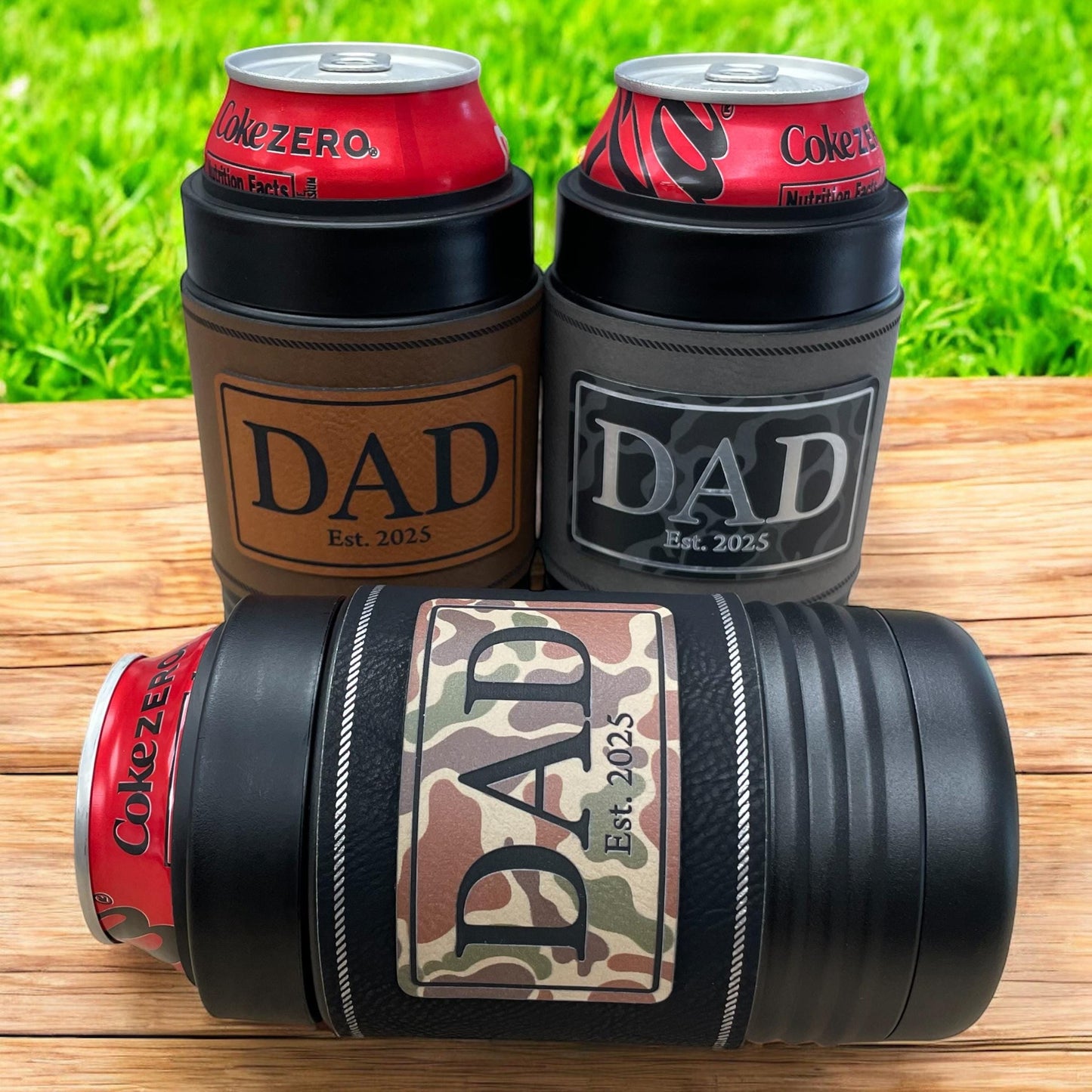 Dad Beer Can Cooler – New Dad Gift – Father's Day Gift – Camo Patch – Insulated Stainless Steel with Leatherette Wrap