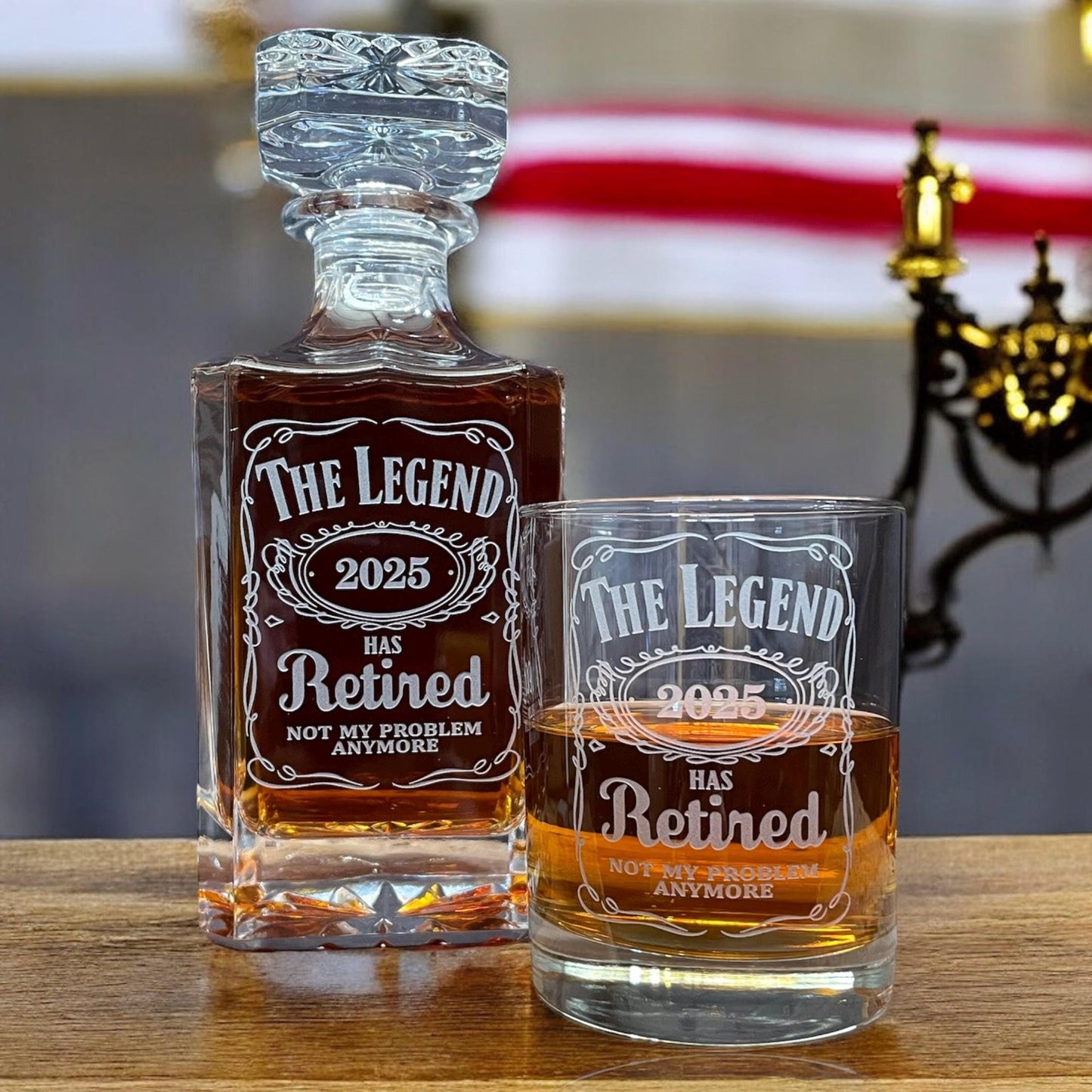 The Legend Has Retired Engraved Decanter Set – 3pc Whiskey Gift for Retirement, Etched Glass Barware Keepsake