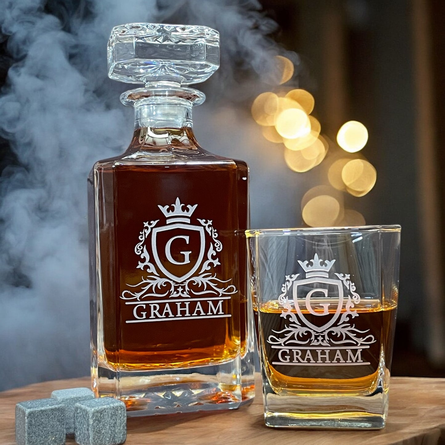 Monogrammed Whiskey Decanter Set β Custom Engraved Bourbon Glass Gift for Him, Groomsmen, or Home Bar