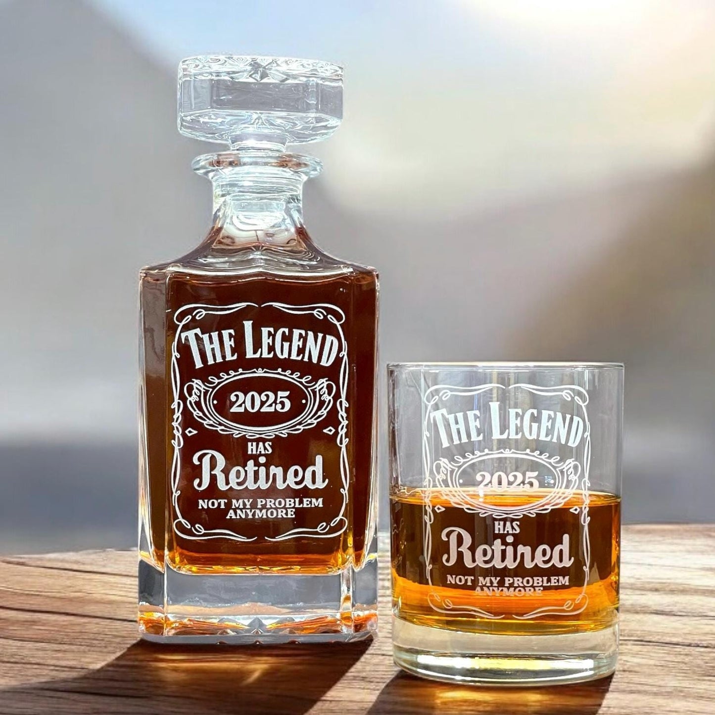 The Legend Has Retired Engraved Decanter Set – 3pc Whiskey Gift for Retirement, Etched Glass Barware Keepsake