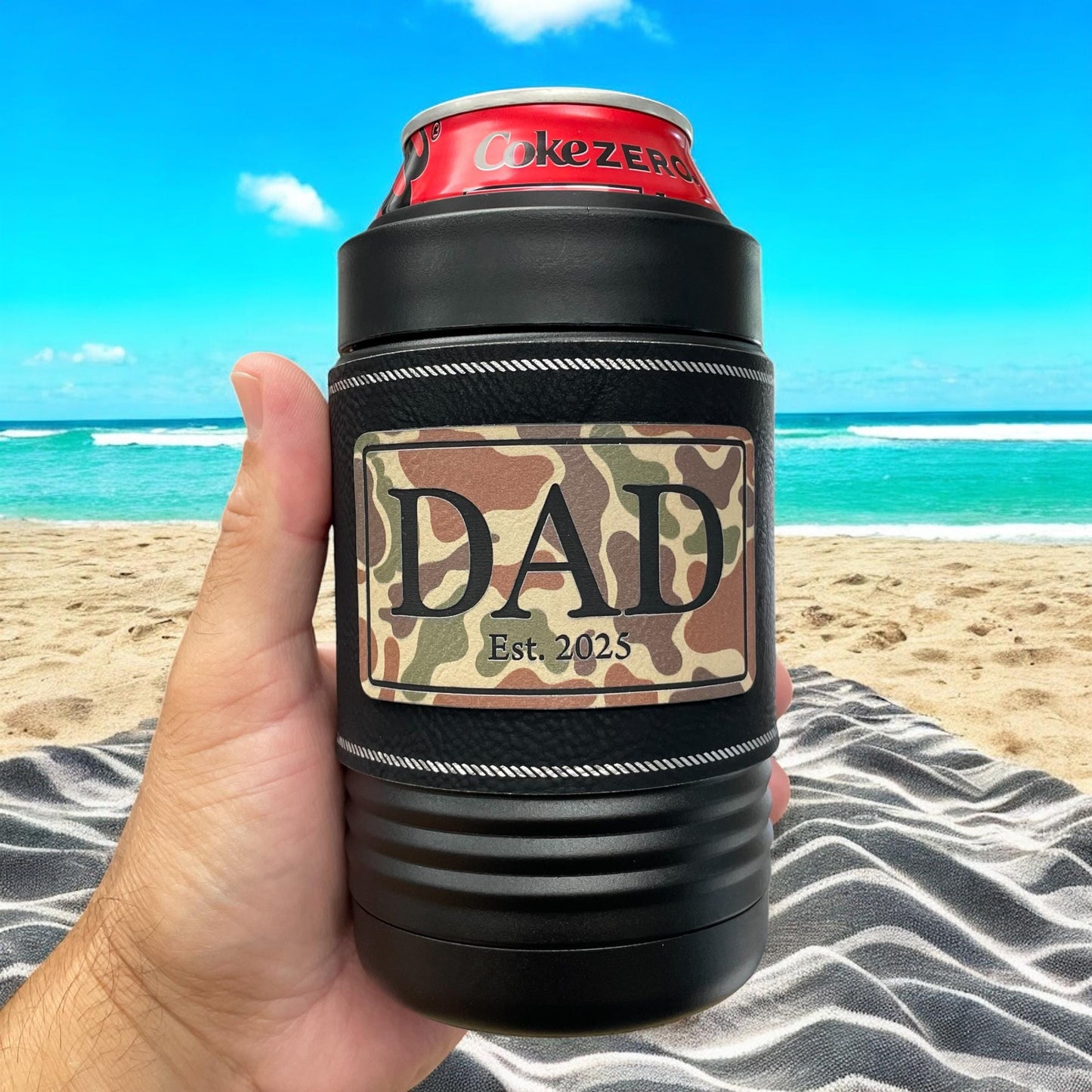 Dad Beer Can Cooler – New Dad Gift – Father's Day Gift – Camo Patch – Insulated Stainless Steel with Leatherette Wrap