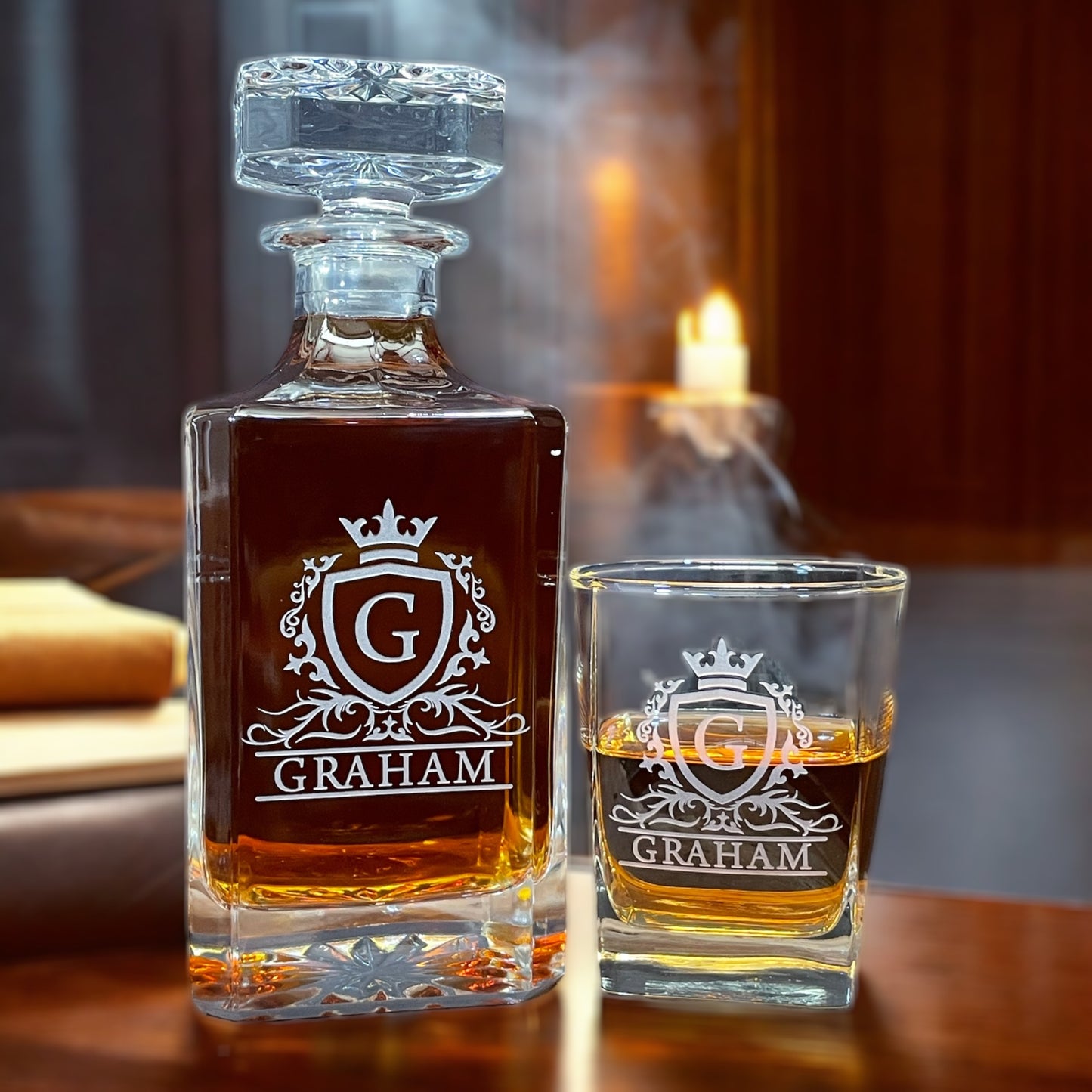 Monogrammed Whiskey Decanter Set β Custom Engraved Bourbon Glass Gift for Him, Groomsmen, or Home Bar