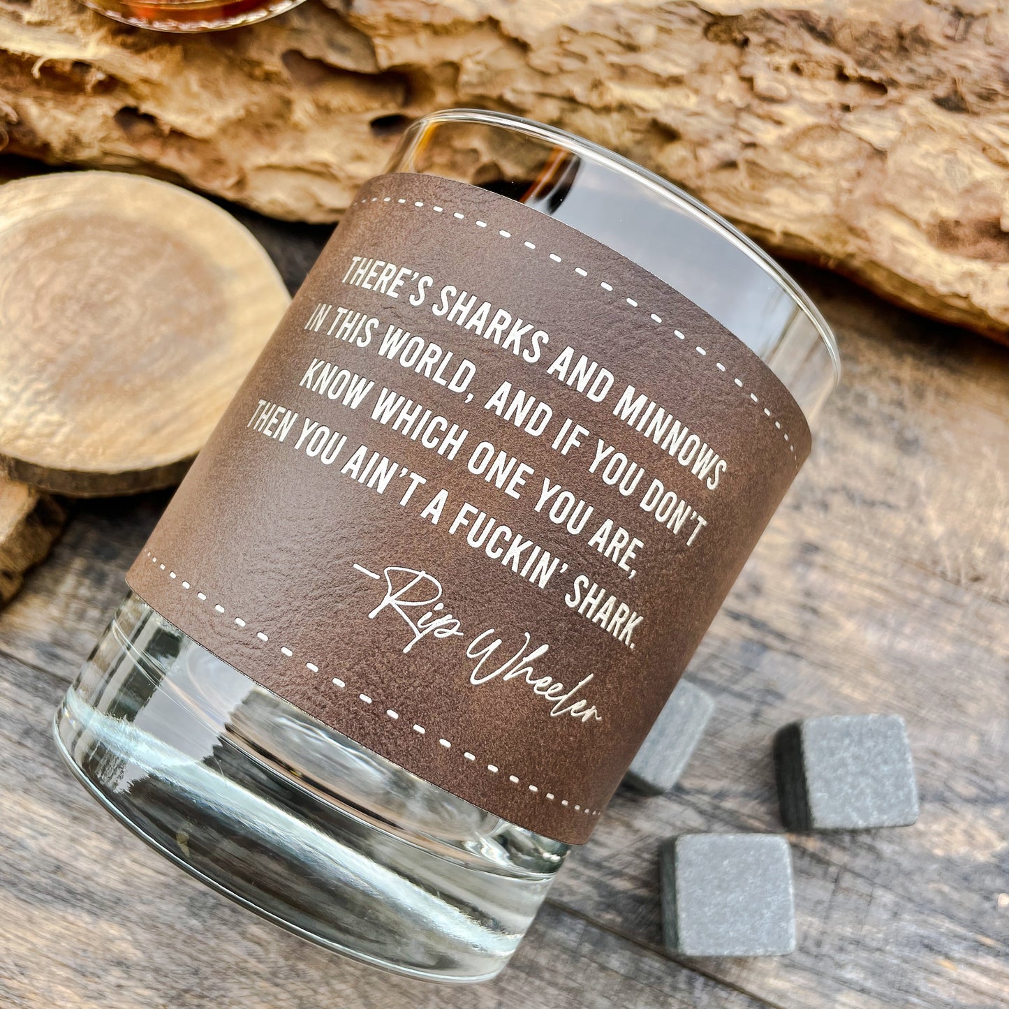 Rip Wheeler Sharks and Minnows Engraved Leatherette Whiskey Glass/ Father's Day Gift / Valentine's Day Gift