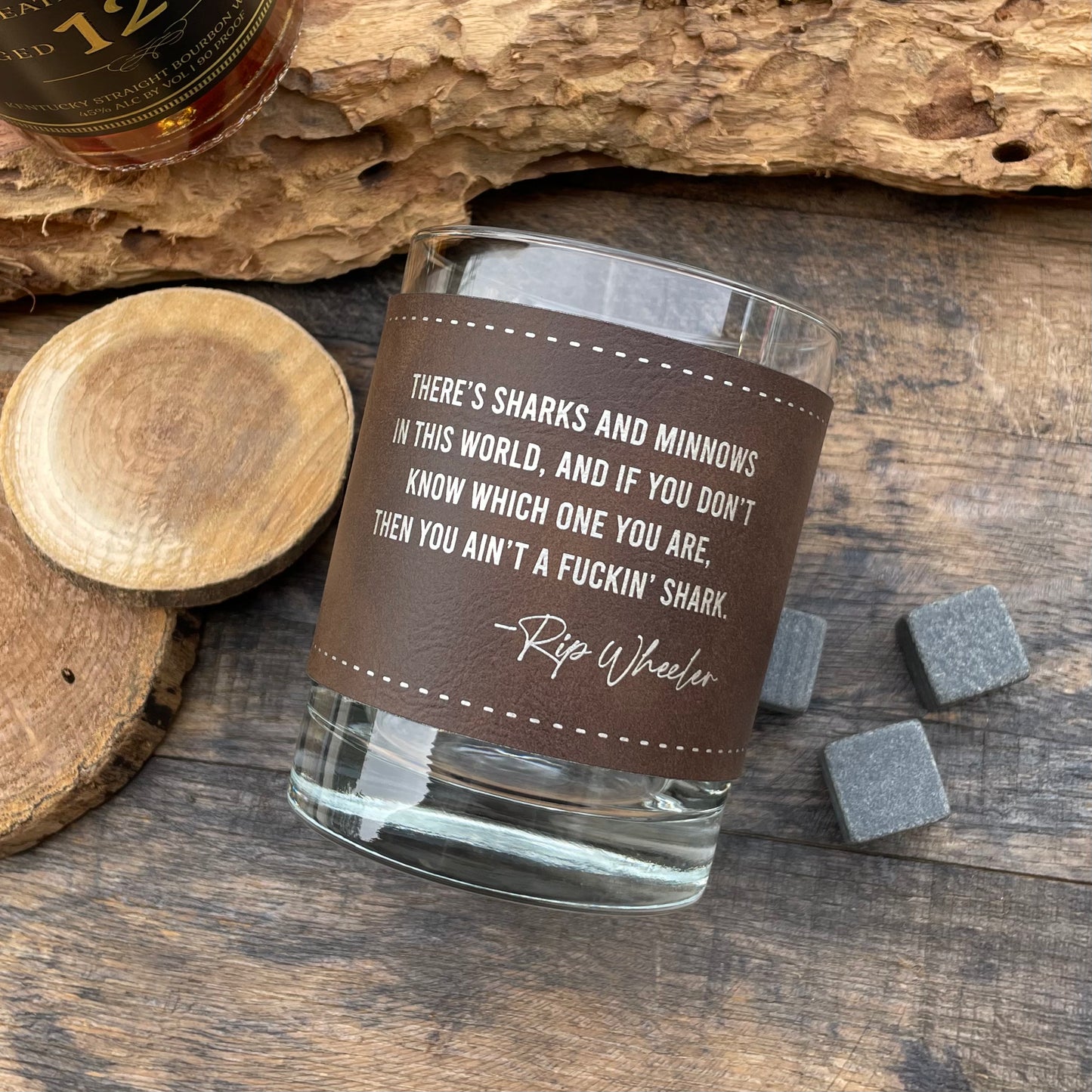 Rip Wheeler Sharks and Minnows Engraved Leatherette Whiskey Glass/ Father's Day Gift / Valentine's Day Gift