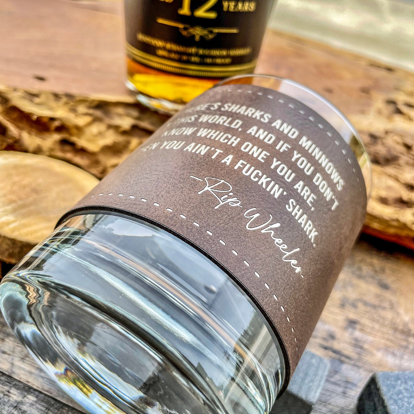 Rip Wheeler Sharks and Minnows Engraved Leatherette Whiskey Glass/ Father's Day Gift / Valentine's Day Gift