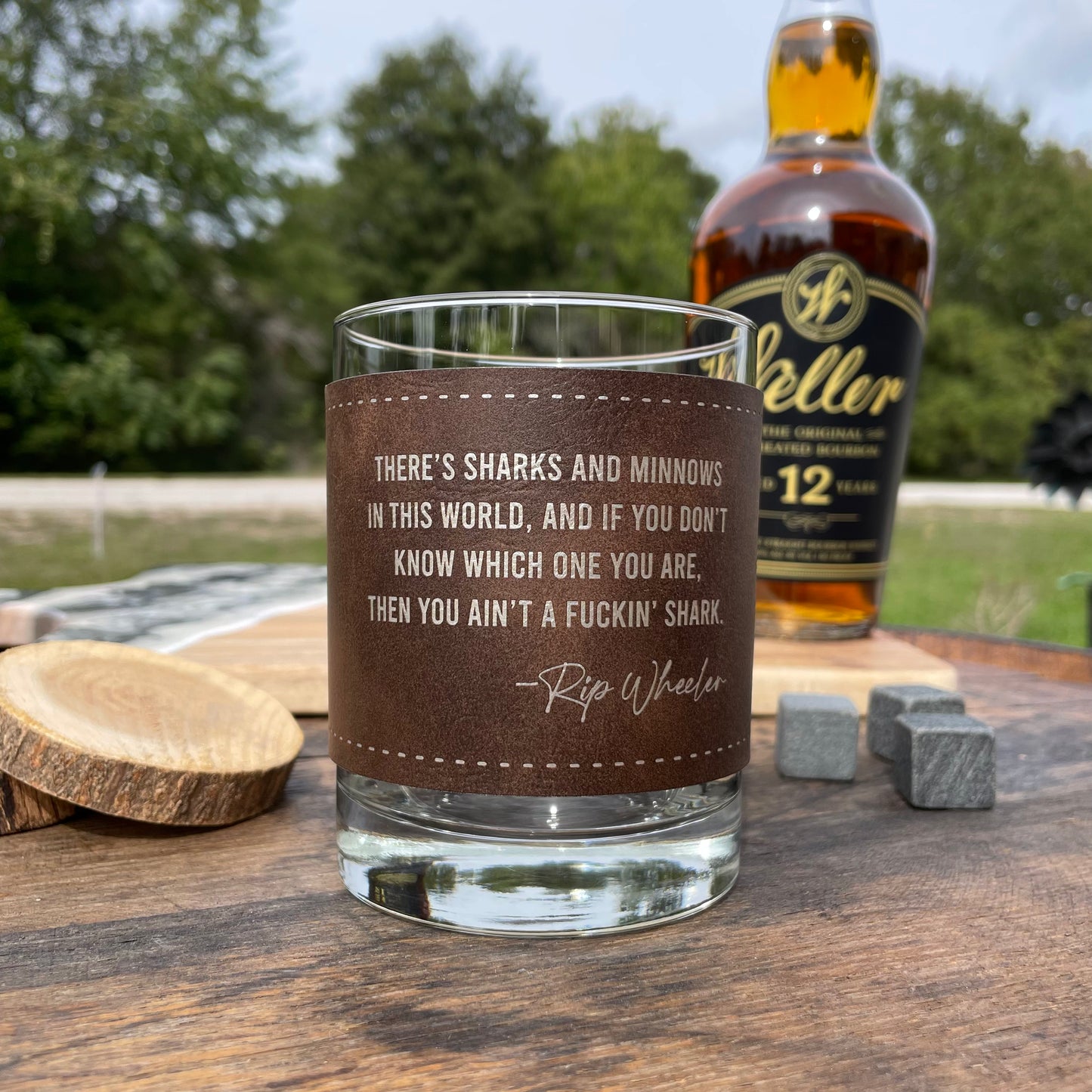 Rip Wheeler Sharks and Minnows Engraved Leatherette Whiskey Glass/ Father's Day Gift / Valentine's Day Gift