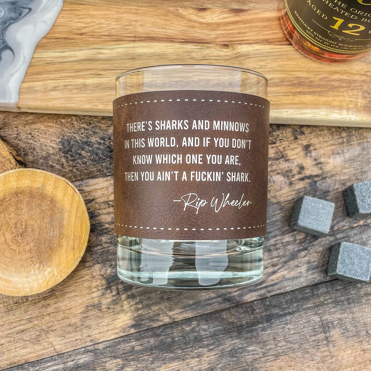 Rip Wheeler Sharks and Minnows Engraved Leatherette Whiskey Glass/ Father's Day Gift / Valentine's Day Gift