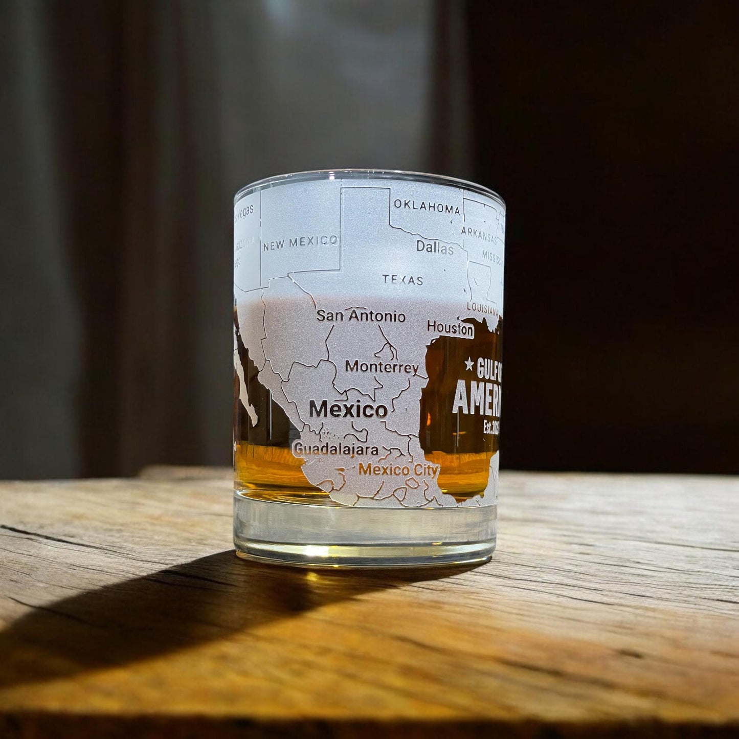 Gulf of America 360 Engraved Whiskey Glass β Hand Sandblasted Map Tumbler for Bourbon, Scotch, Coastal Gift for Sailors & Ocean Lovers
