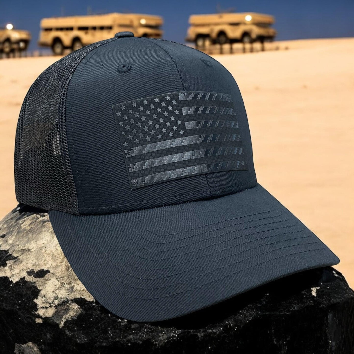American Flag Blacked Out Carbon Fiber Trucker Hat / Patriotic Trucker Cap / YP Classics 6 Panel / Patch Trucker Hat / Father's Day Gift