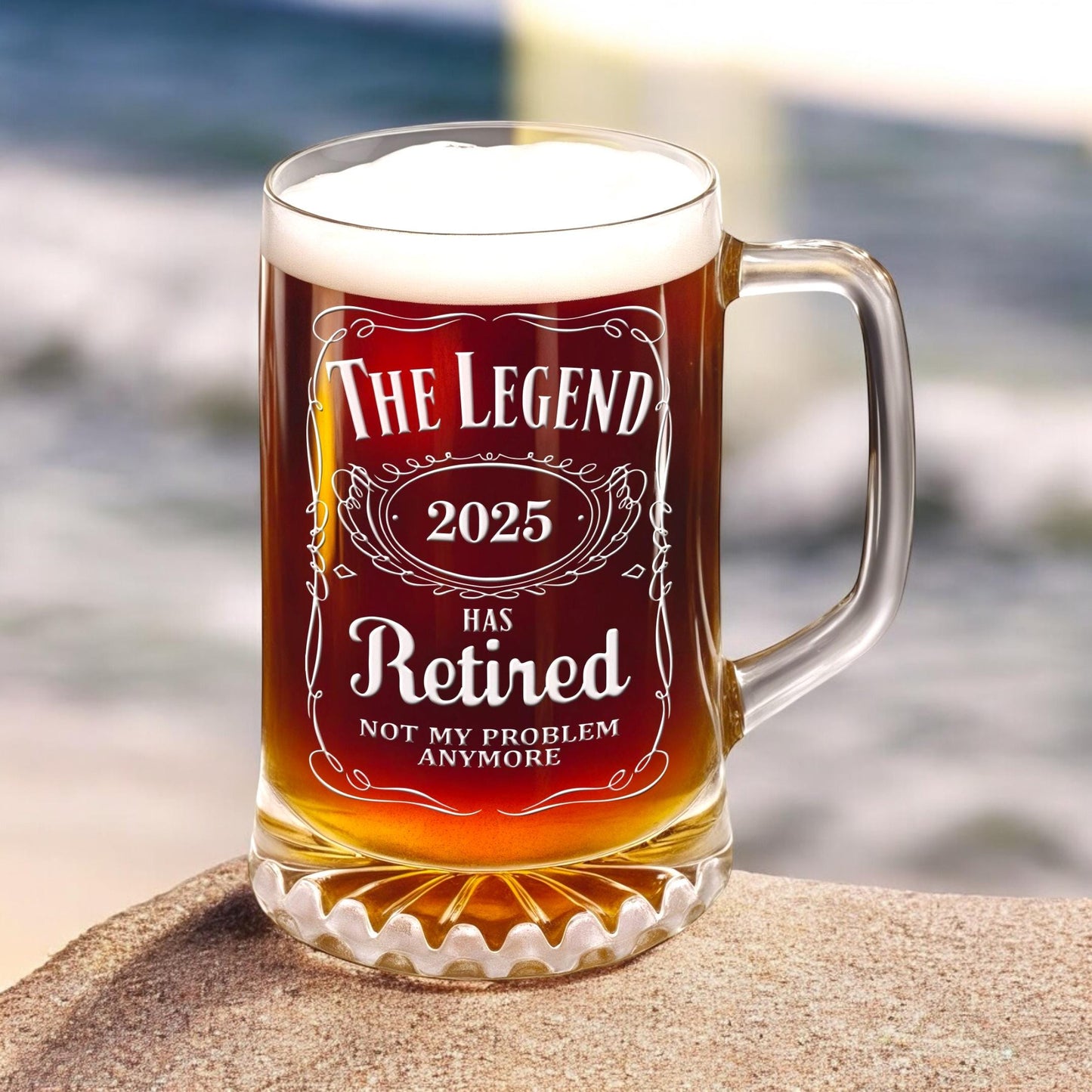 Retirement Beer Glass β The Legend Has Retired Engraved Beer Stein β Large 25oz Etched Glass Mug, Retirement Gift for Men & Women