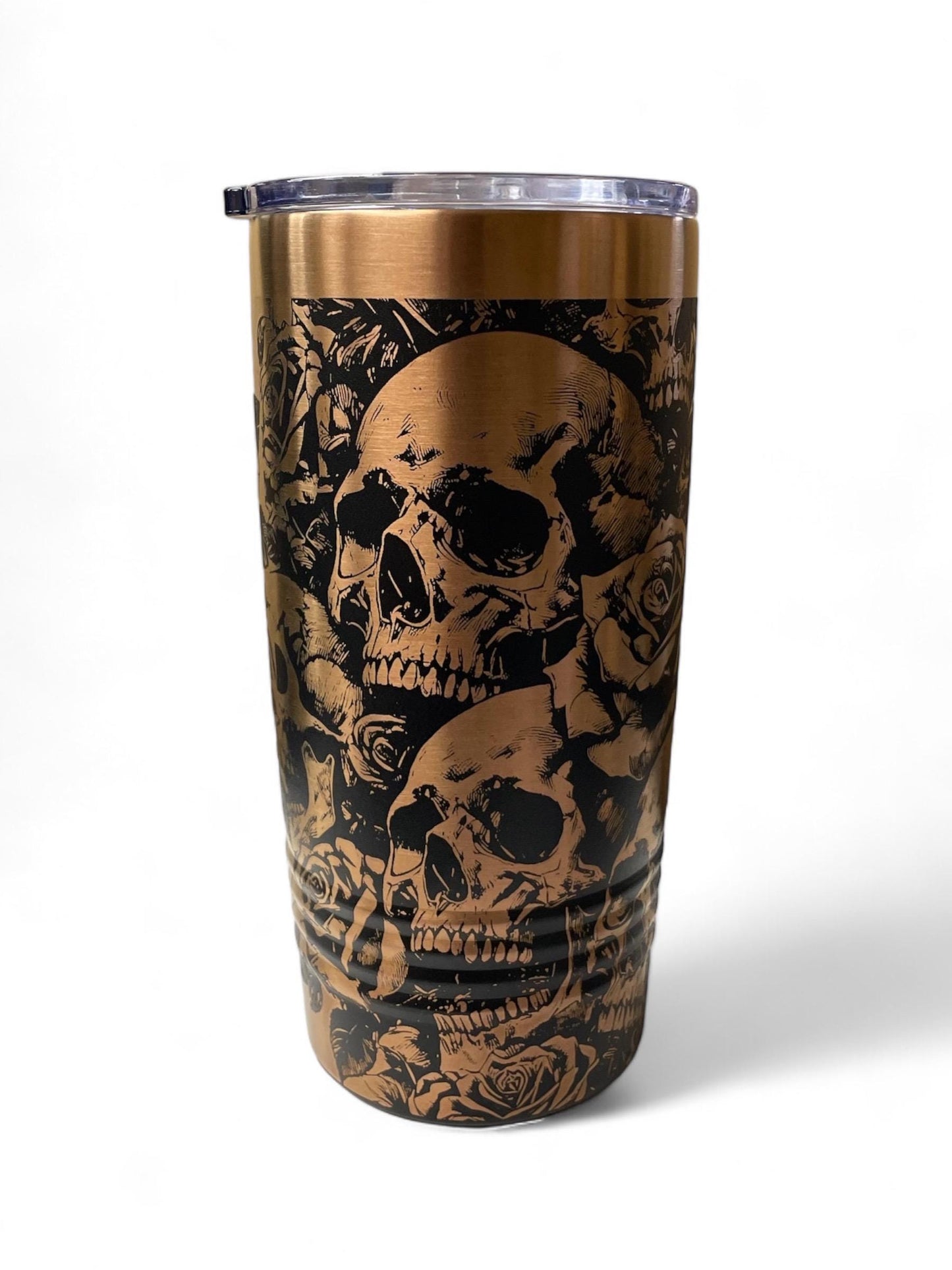 Skulls and Roses Tumbler / White or Black & Rose Gold 20oz. Etched Tumbler / Laser Engraved / Halloween Gift | Valentine's Day Gift