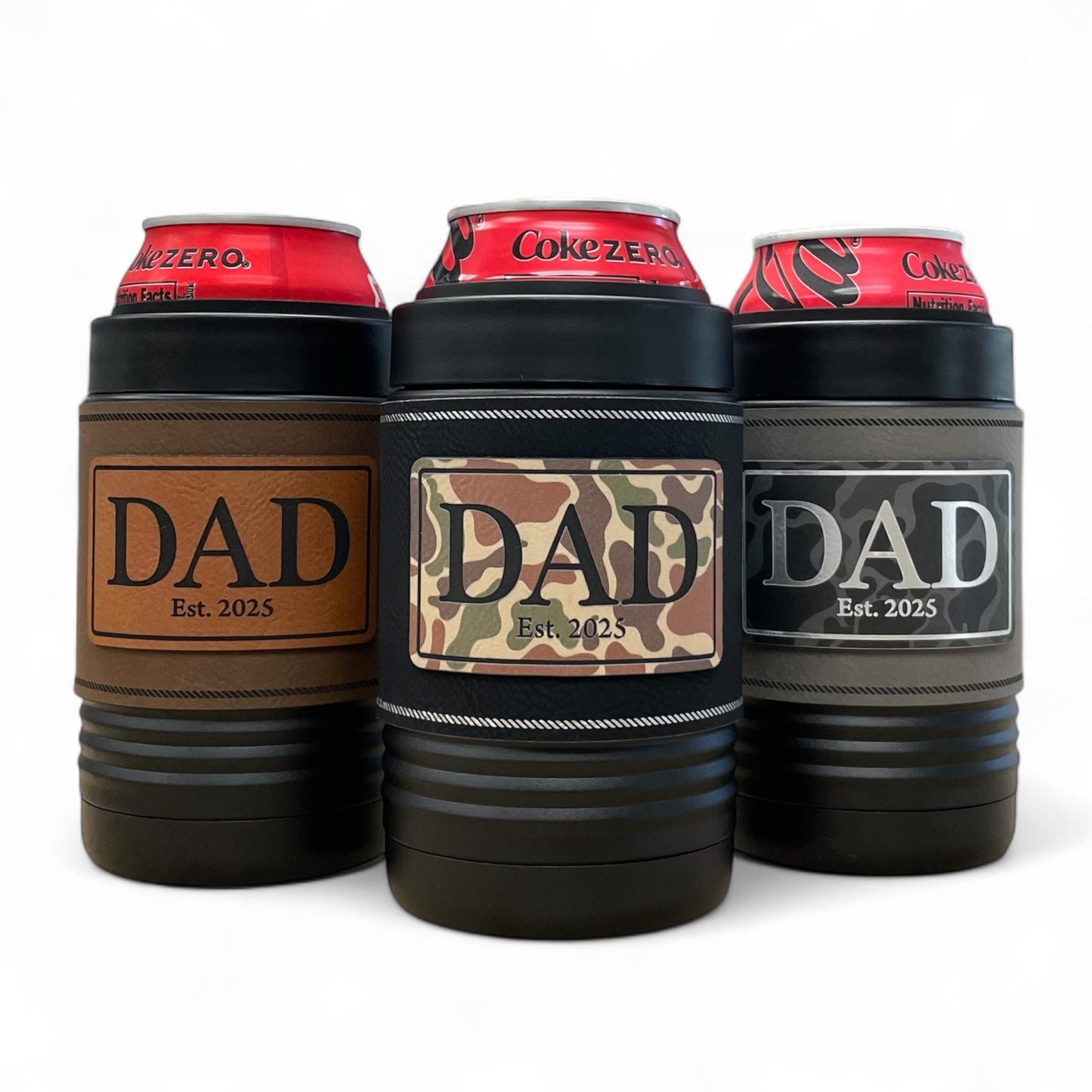 Dad Beer Can Cooler – New Dad Gift – Father's Day Gift – Camo Patch – Insulated Stainless Steel with Leatherette Wrap