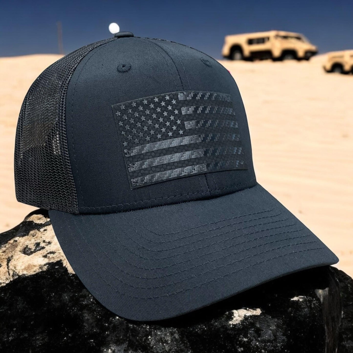 American Flag Blacked Out Carbon Fiber Trucker Hat / Patriotic Trucker Cap / YP Classics 6 Panel / Patch Trucker Hat / Father's Day Gift