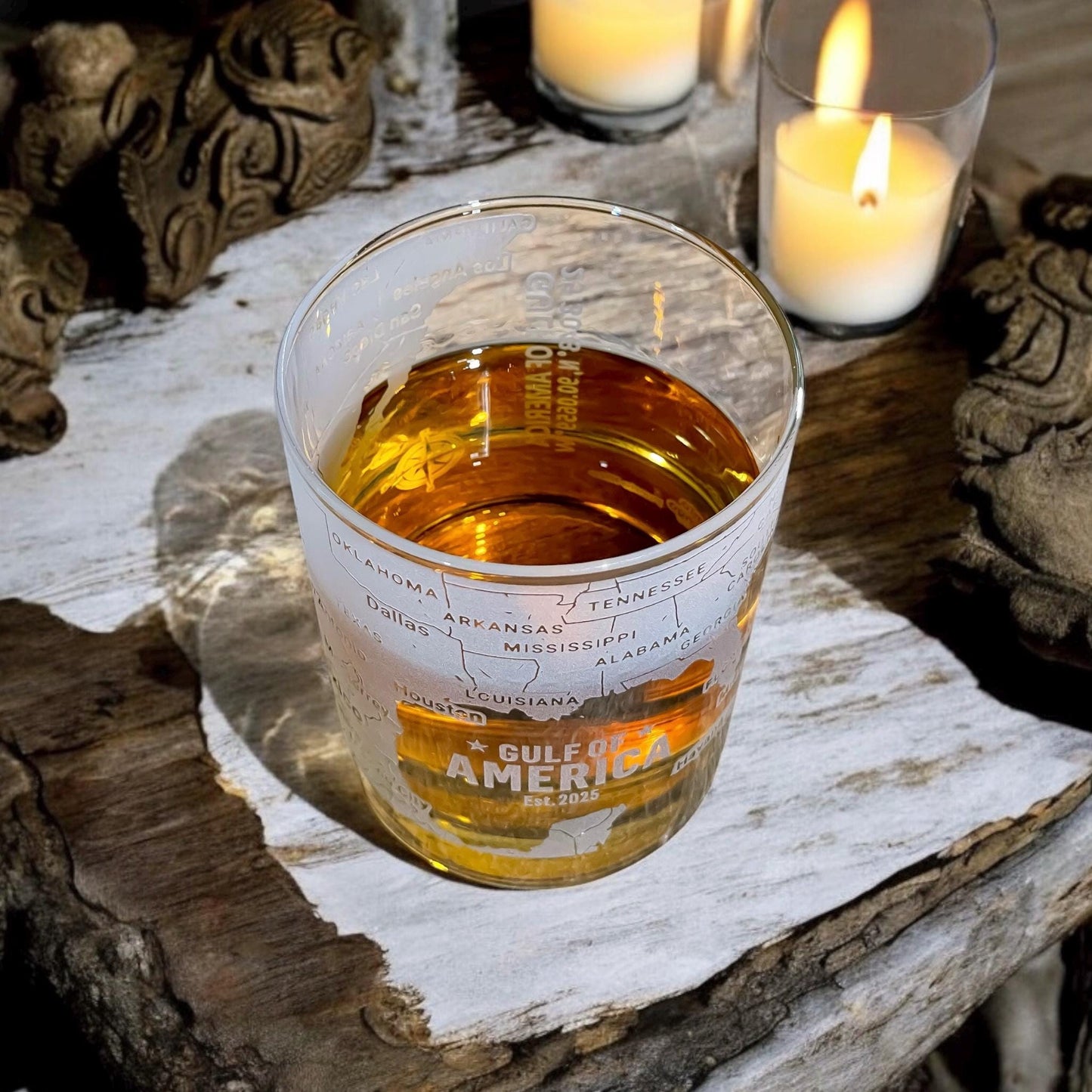 Gulf of America 360 Engraved Whiskey Glass β Hand Sandblasted Map Tumbler for Bourbon, Scotch, Coastal Gift for Sailors & Ocean Lovers