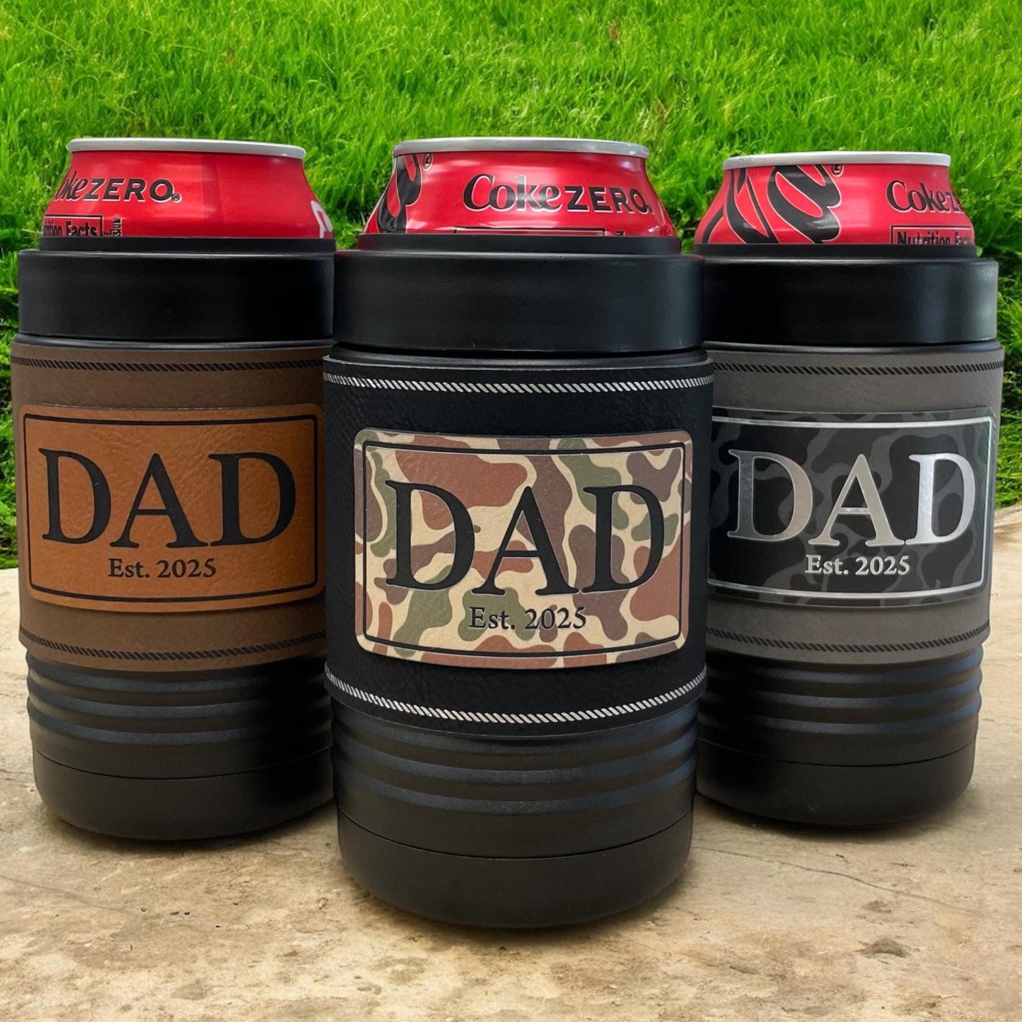 Dad Beer Can Cooler – New Dad Gift – Father's Day Gift – Camo Patch – Insulated Stainless Steel with Leatherette Wrap
