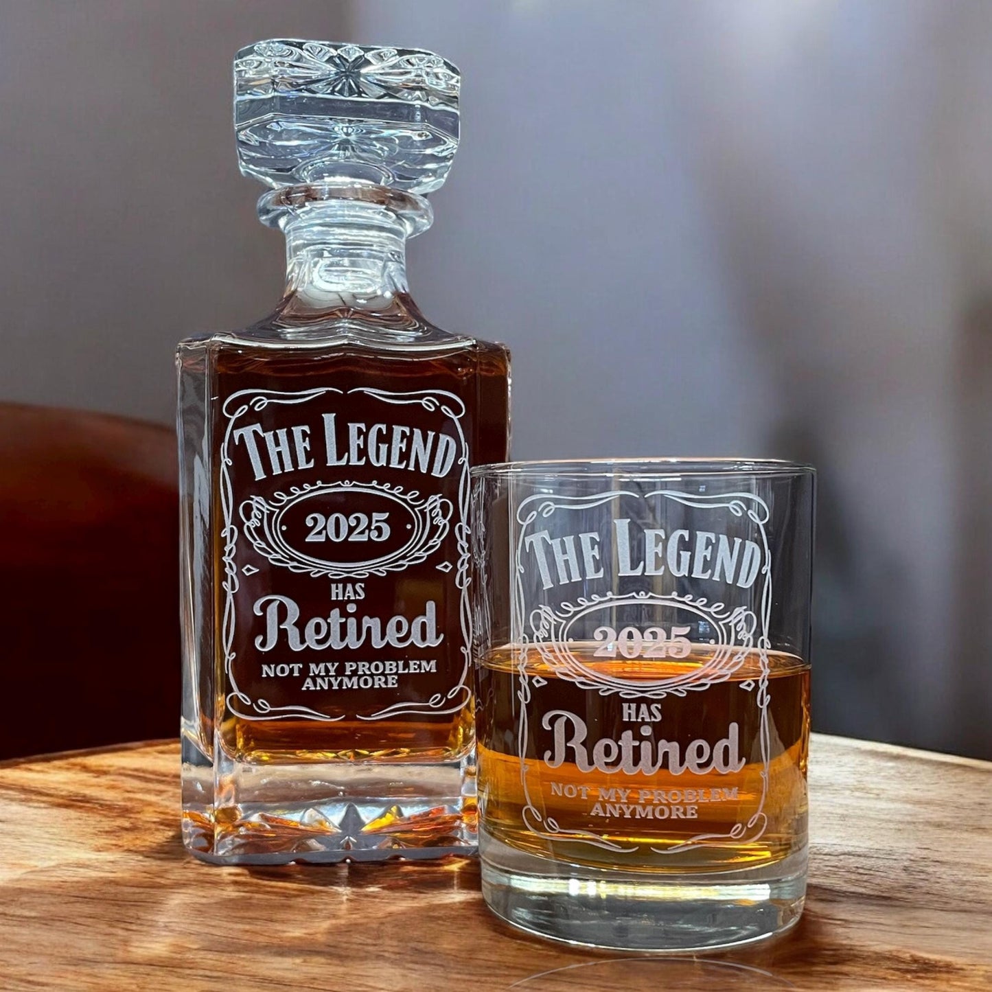 The Legend Has Retired Engraved Decanter Set – 3pc Whiskey Gift for Retirement, Etched Glass Barware Keepsake