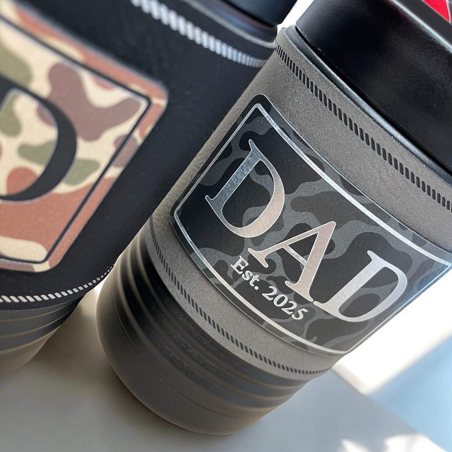 Dad Beer Can Cooler – New Dad Gift – Father's Day Gift – Camo Patch – Insulated Stainless Steel with Leatherette Wrap