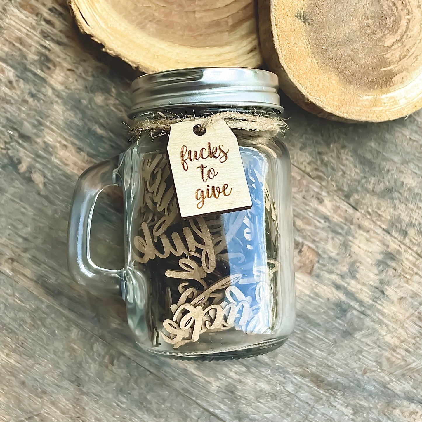 Jar of Fucks - 4.75oz Mason Jar - Funny Glass Jar - Etched Wooden Tag - Laser Cut Gag Gift - Gift for Her | Valentine's Day Gift