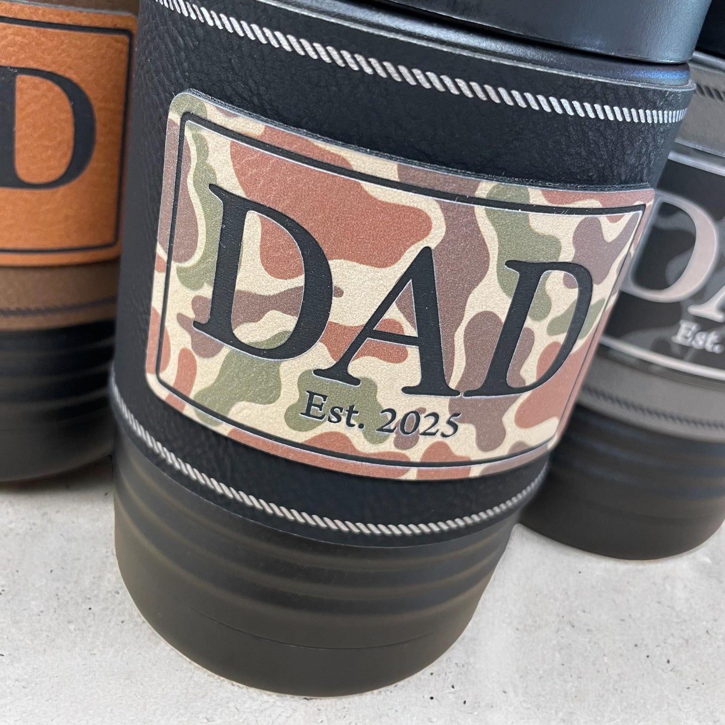 Dad Beer Can Cooler – New Dad Gift – Father's Day Gift – Camo Patch – Insulated Stainless Steel with Leatherette Wrap